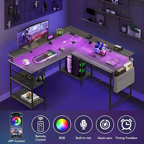 Miniatura 6 de Escritorio para juegos en forma de L con luces LED, escritorio de computadora de 55 pulgadas con toma de corriente, puertos de carga USB, gancho