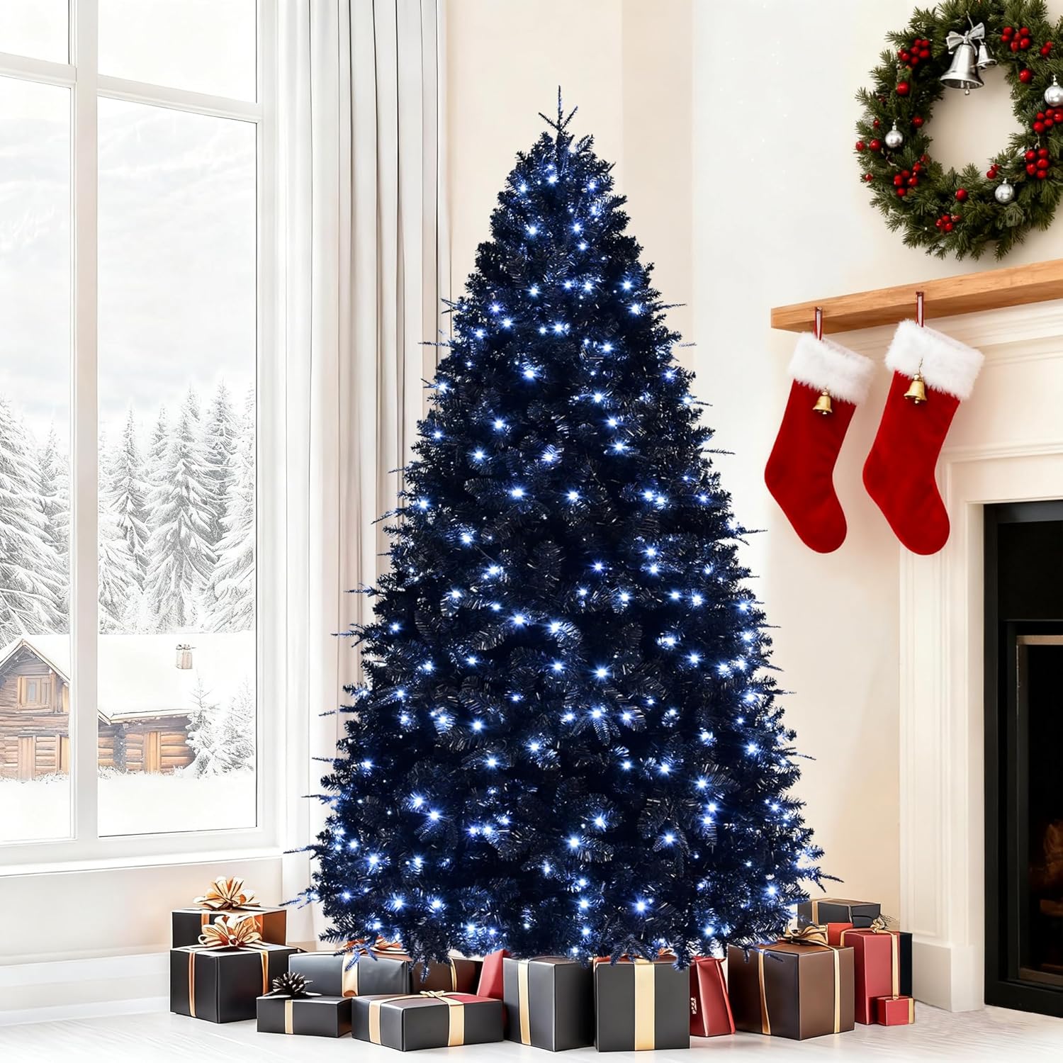 4FT PreLit Black Christmas Tree with 150 Lights, Artificial Fake Christmas Tree with 666 PE&PVC Branch Tips, Halloween and Xmas Tree for Holiday Decorations, Metal Stand and Hinged Branches