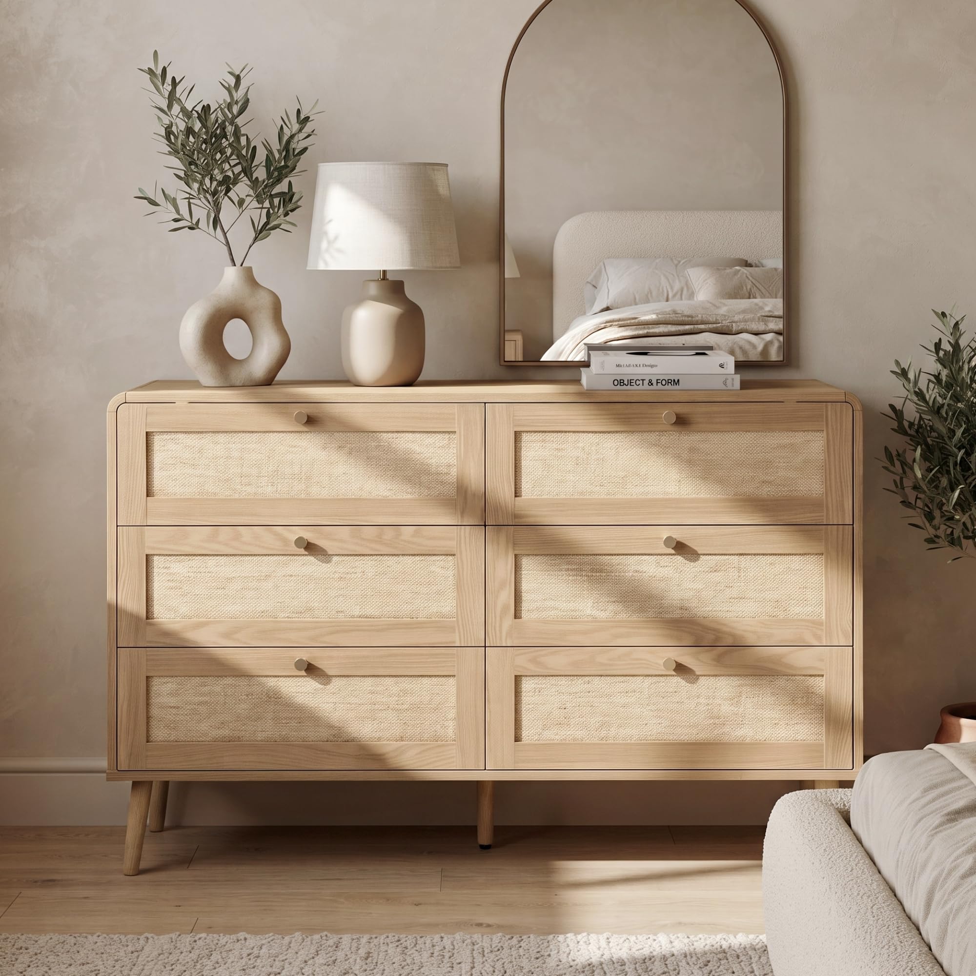 Merax 6 Drawer Chest,120cm Rattan Effect Dresser,Bedroom Storage Cabinet