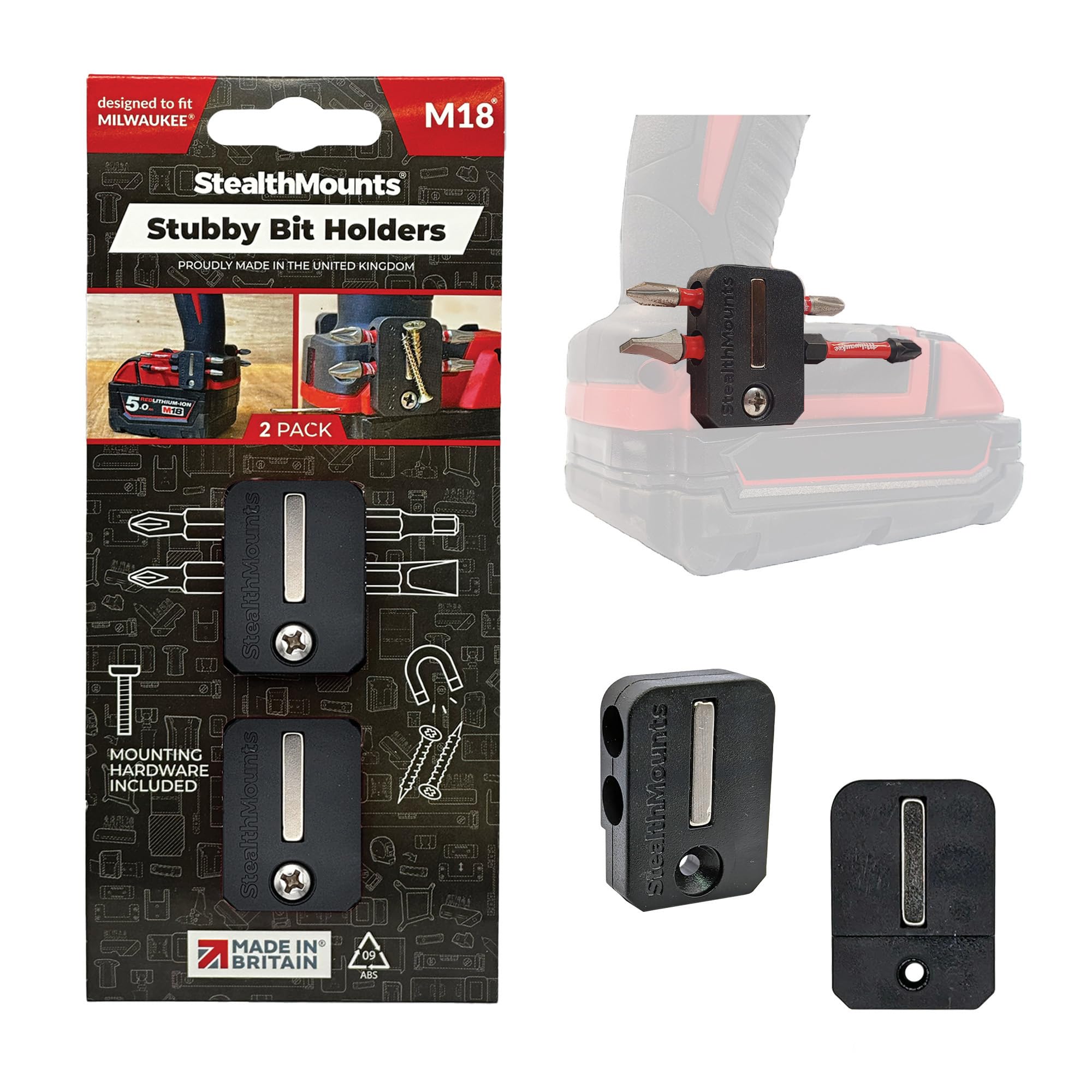 StealthMounts Black Stubby Bit Holder compatible with Milwaukee M18 (2 Pack)