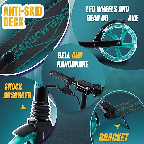 Miniatura 6 de Patinete para niños de 8+ años, adolescentes y adultos, con freno de mano delantero y freno trasero, y manillar ajustable, ruedas grandes y