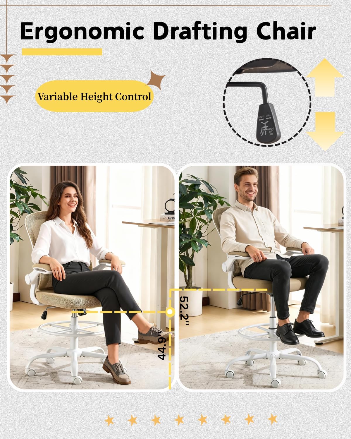 Ergonomic Mesh Drafting Chair,Tall Office Chair with Adjustable Footrest & Flip-Up Armrests， 360° Swivel Standing Desk Chair for Standing Desk，Home Office,Bar(Khaki)