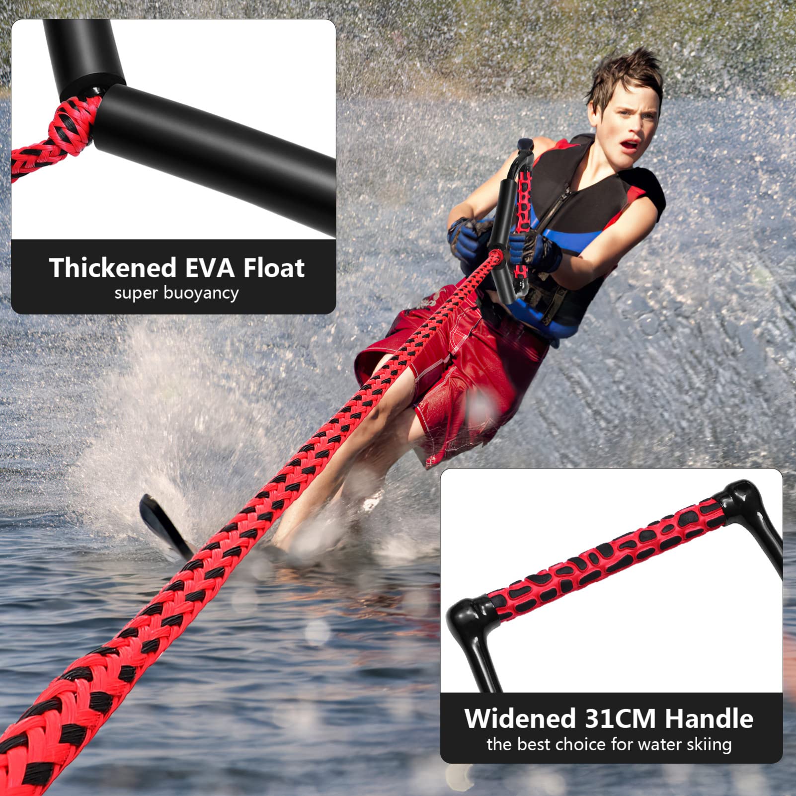 Corde Wakeboard / Ski Nautique 23 M - Poignée Ergonomique - PP Résistant UV & Abrasion - Rouge
