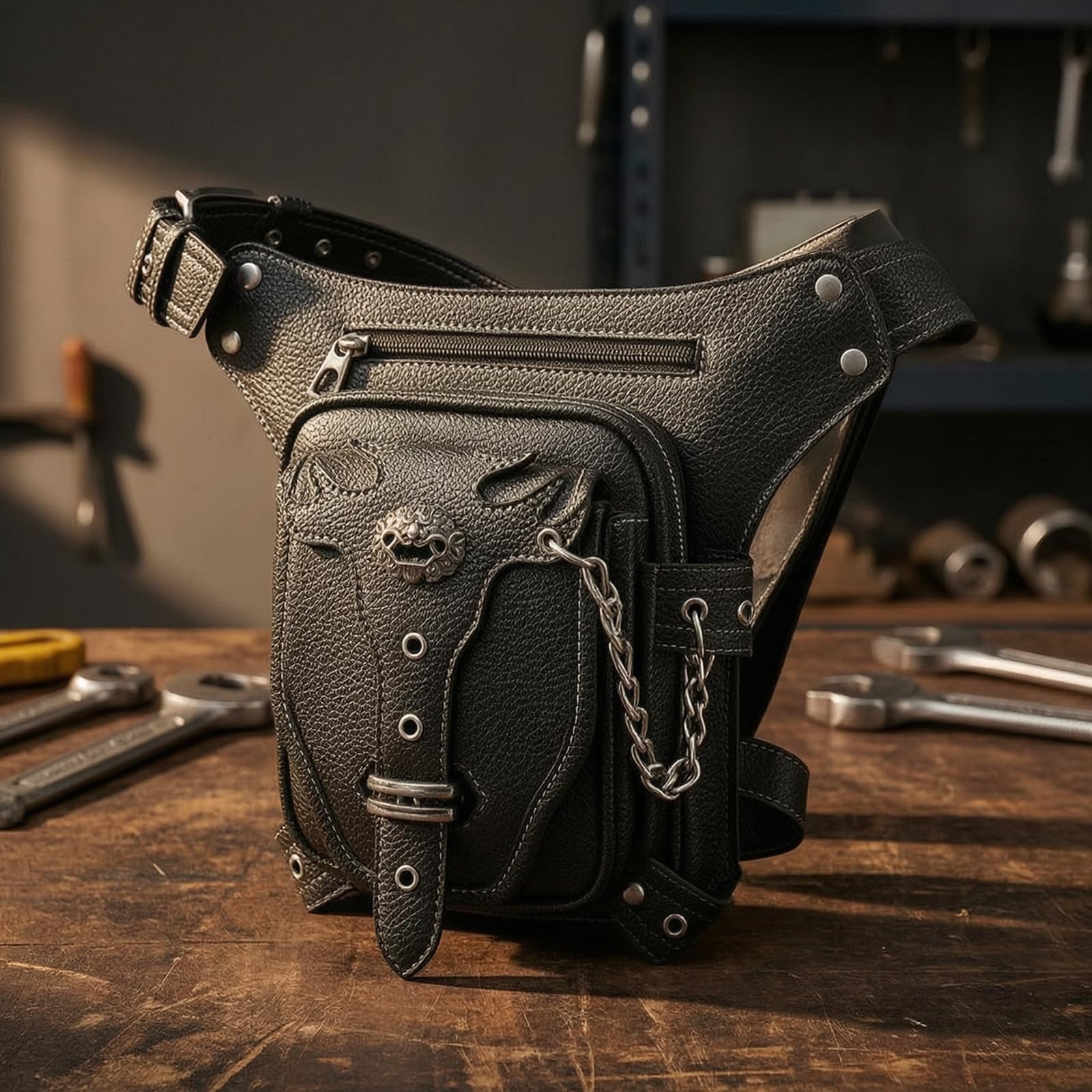 F Fityle Riñonera Resistente para Hombre con Acabado Cuero PU Negro y Placa corativa Metálica con Bolsillo y Correa con Múltiples Agujeros para