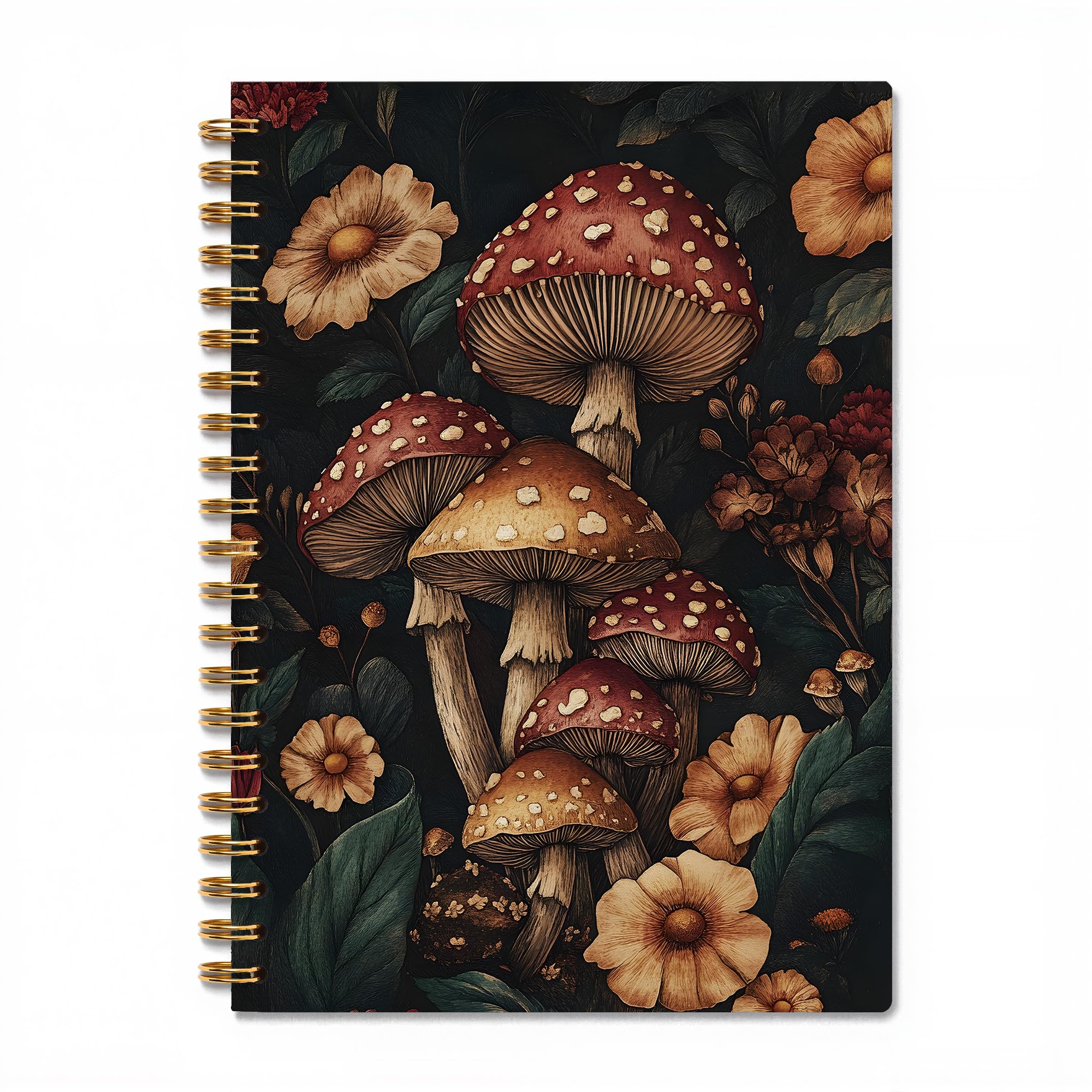Carnet à spirale vintage avec motif floral champignon foncé et fleurs sauvages, cadeau pour les amateurs de champignons, 14 x 21 cm