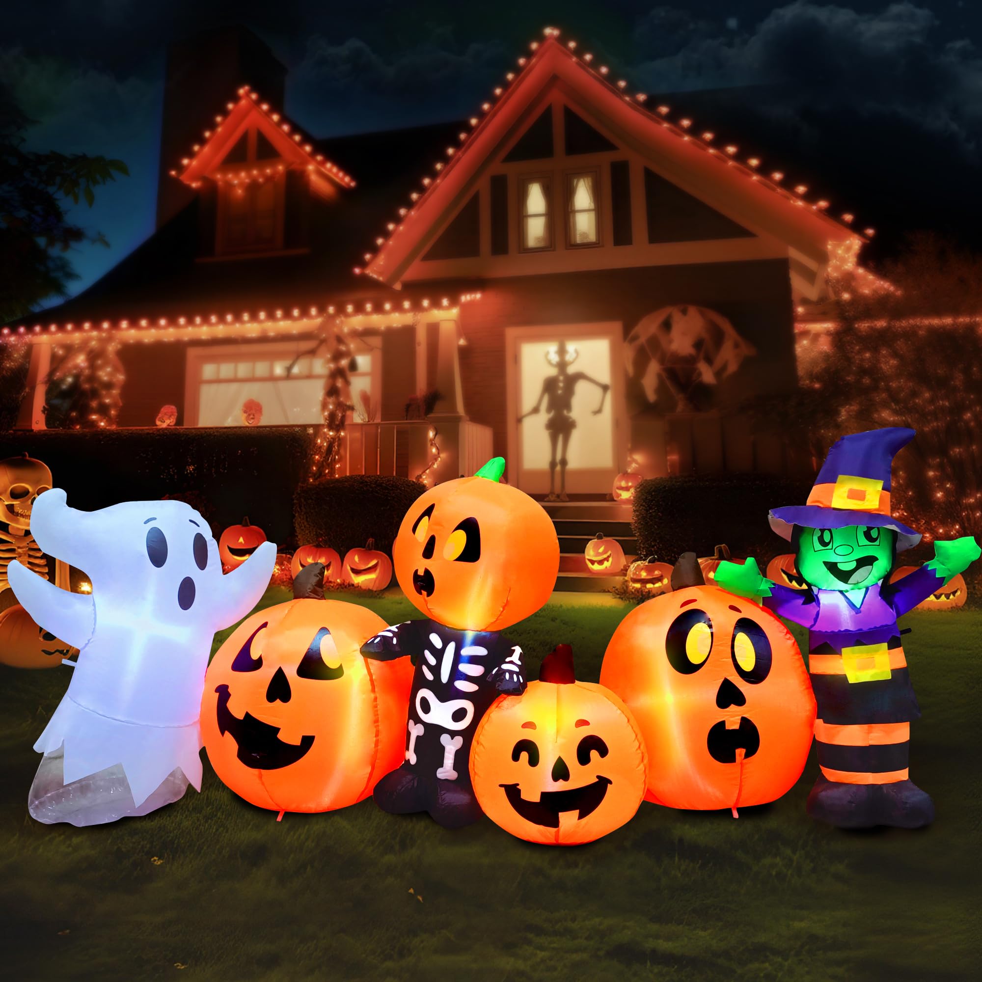 Joiedomi Gonfiabile Halloween 2,4 m - Tre Personaggi e Zucca Con LED Integrati - Decorazioni per Feste, Interni, Esterni, Cortile, Prato, Giardino