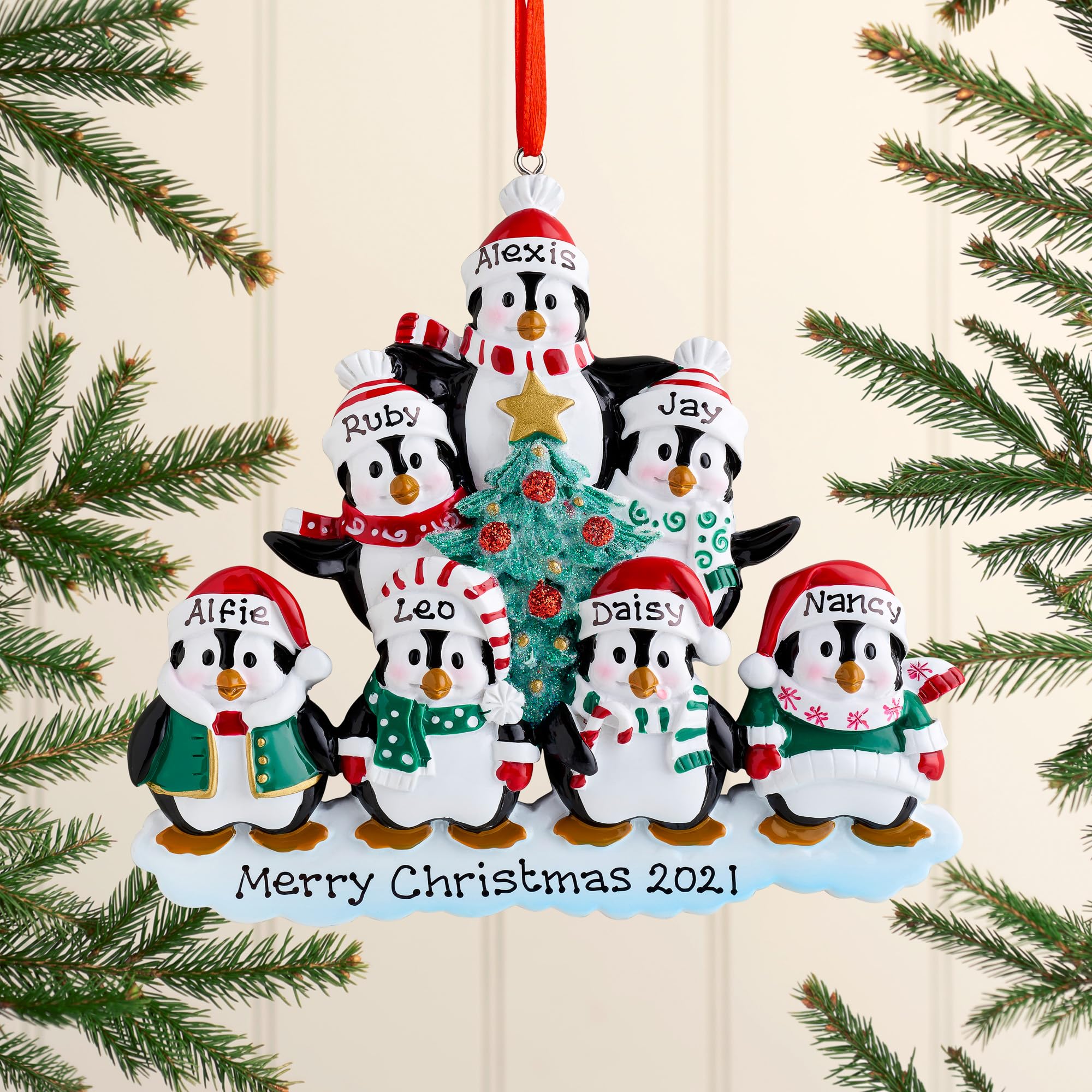 Personalised Family Christmas Xmas Tree Bauble Decoration Ornament | Winter Penguin Family | Groups 2, 3, 4, 5, 6, 7, 8 & 9 (Family of 7)