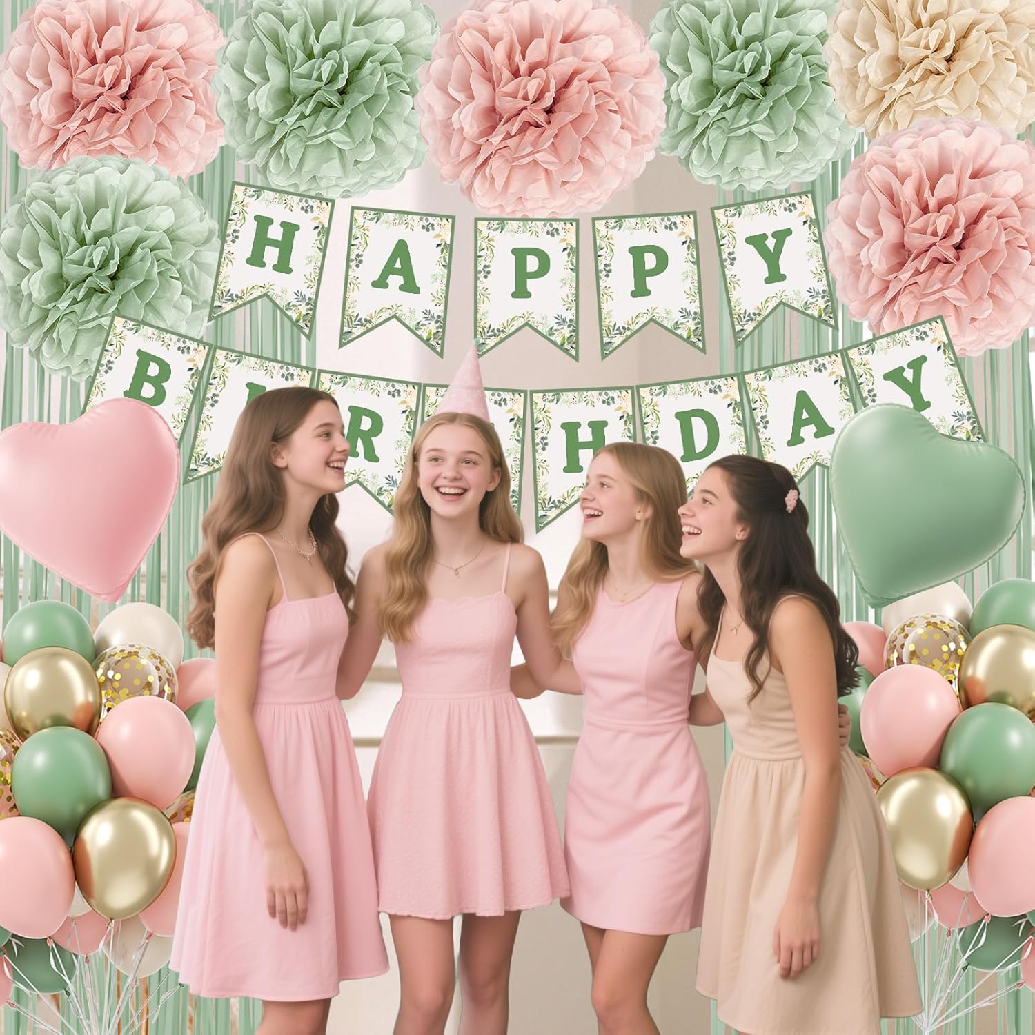Sage Green and Pink Birthday Decorations for Women with Pink Nude Paper Pompoms Sand White Metallic Gold Confetti Balloons Fringe Curtain for Boho Happy Birthday Decorations - Image 5