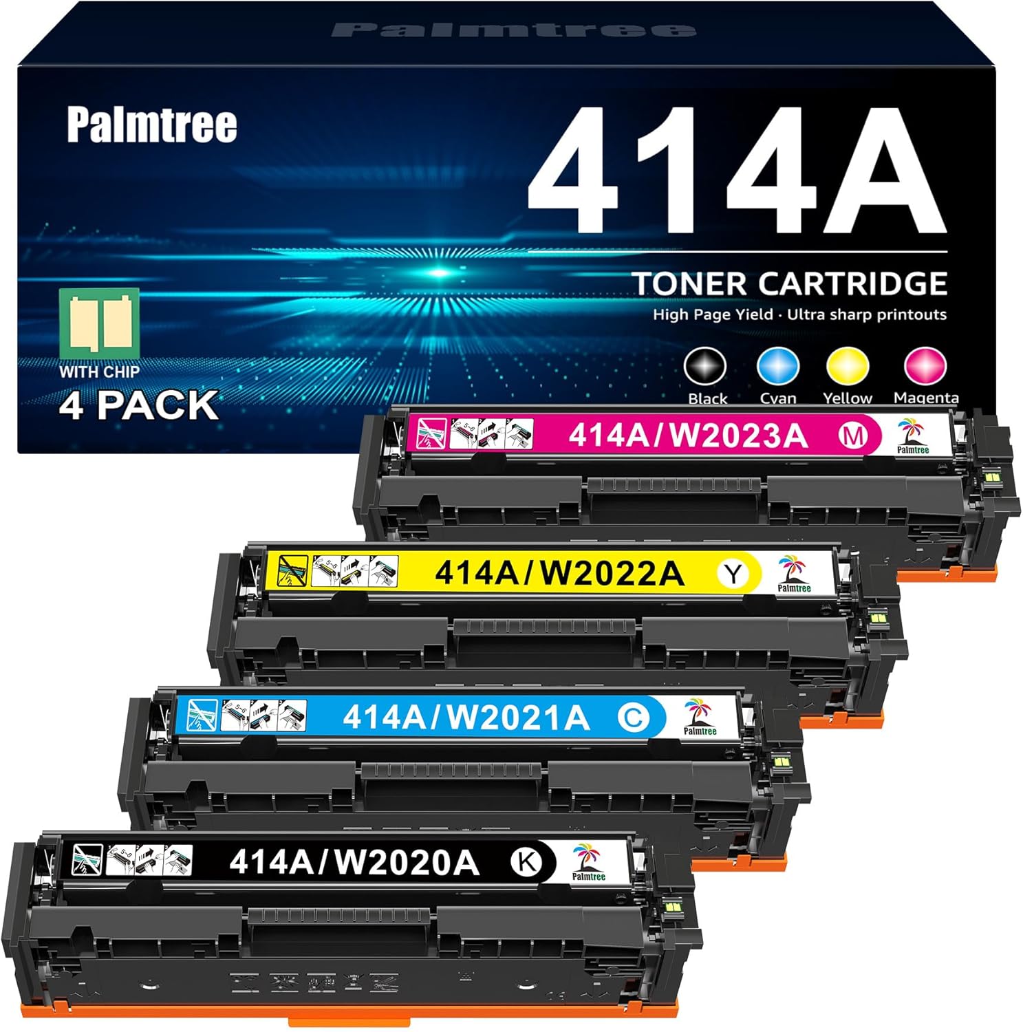 Palmtree Compatible Toner Cartridge Replacement for HP 414A 414X for Color Laserjet Pro MFP M479fdw M479fdn M479dw Pro M454dw M454dn M455dn MFP M480f M479 M454 Printer W2020A W2020X (BCMY, 4-Pack)