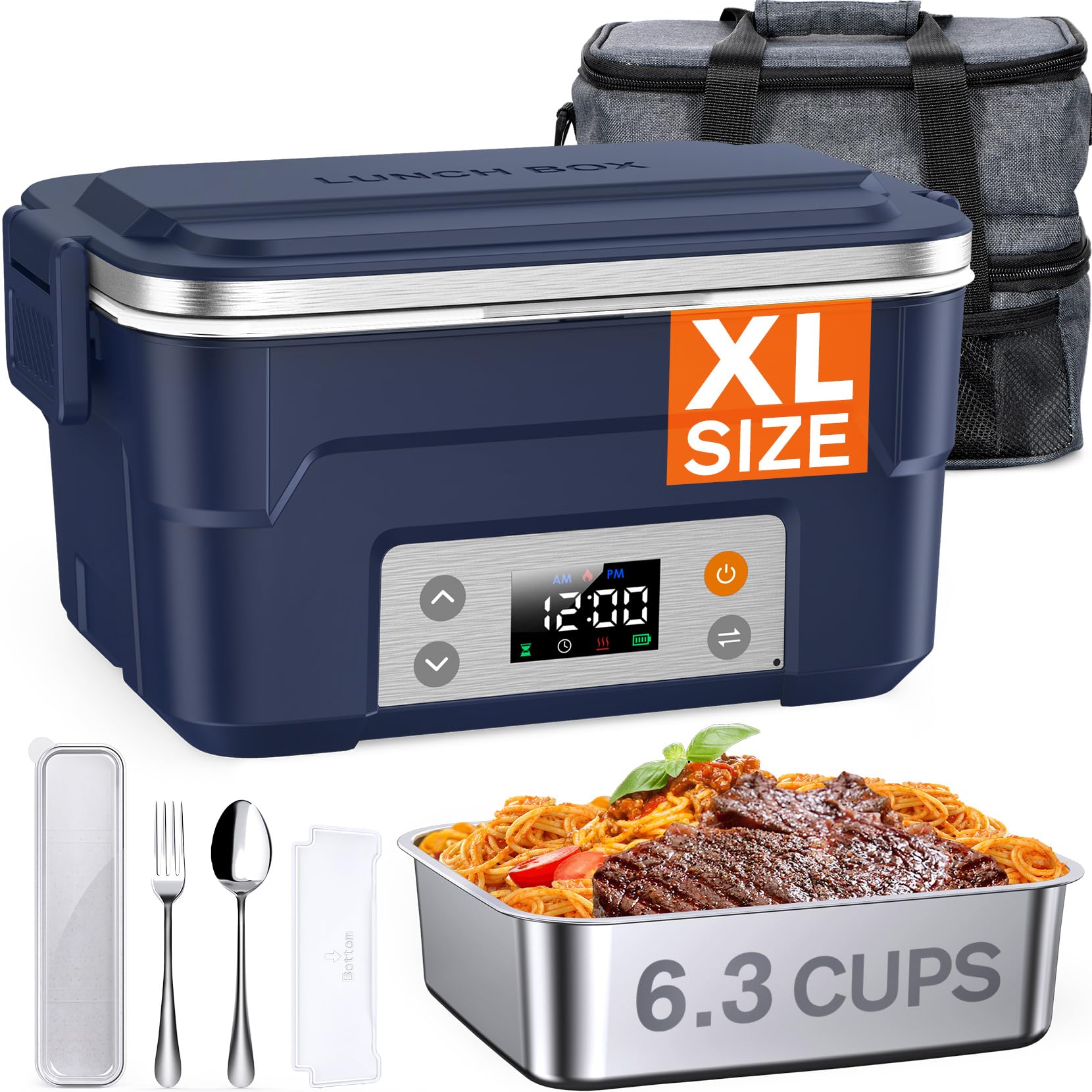 EAST OAK XL 6.3-Cup Cordless Electric Lunch Box for Adults, Heated Lunch Box for Men with Scheduled Heating, Portable Car Food Warmer with Utensils, Two-Tier Bag, Removable Divider Blue Extra Large