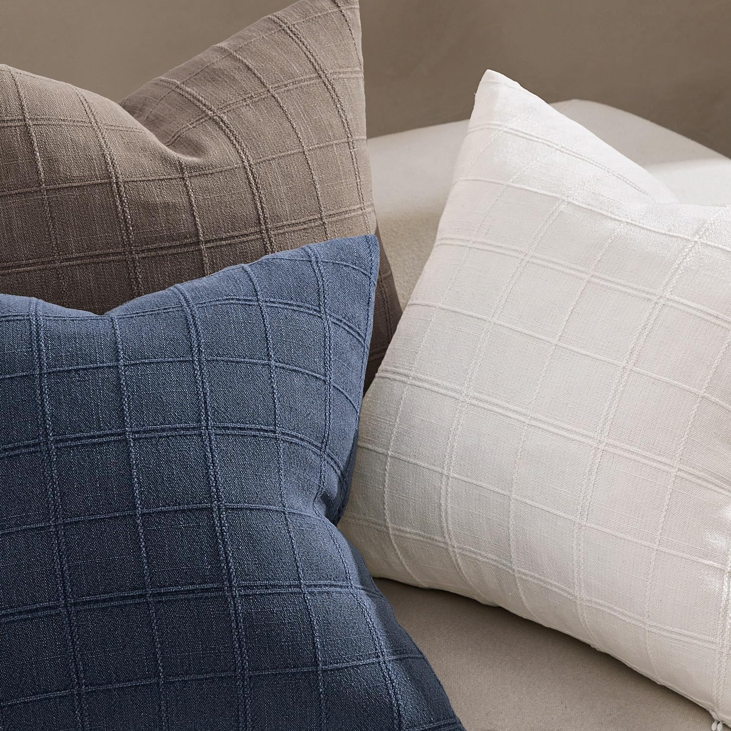 Woaboy Linen Check Throw Pillow Covers Dark Blue Farmhouse Modern Boho Vintage Coastal 20x20 Inch Set of 2 Decorative Cushion Covers for Sofa Couch Bedroom Living Room Home Decor