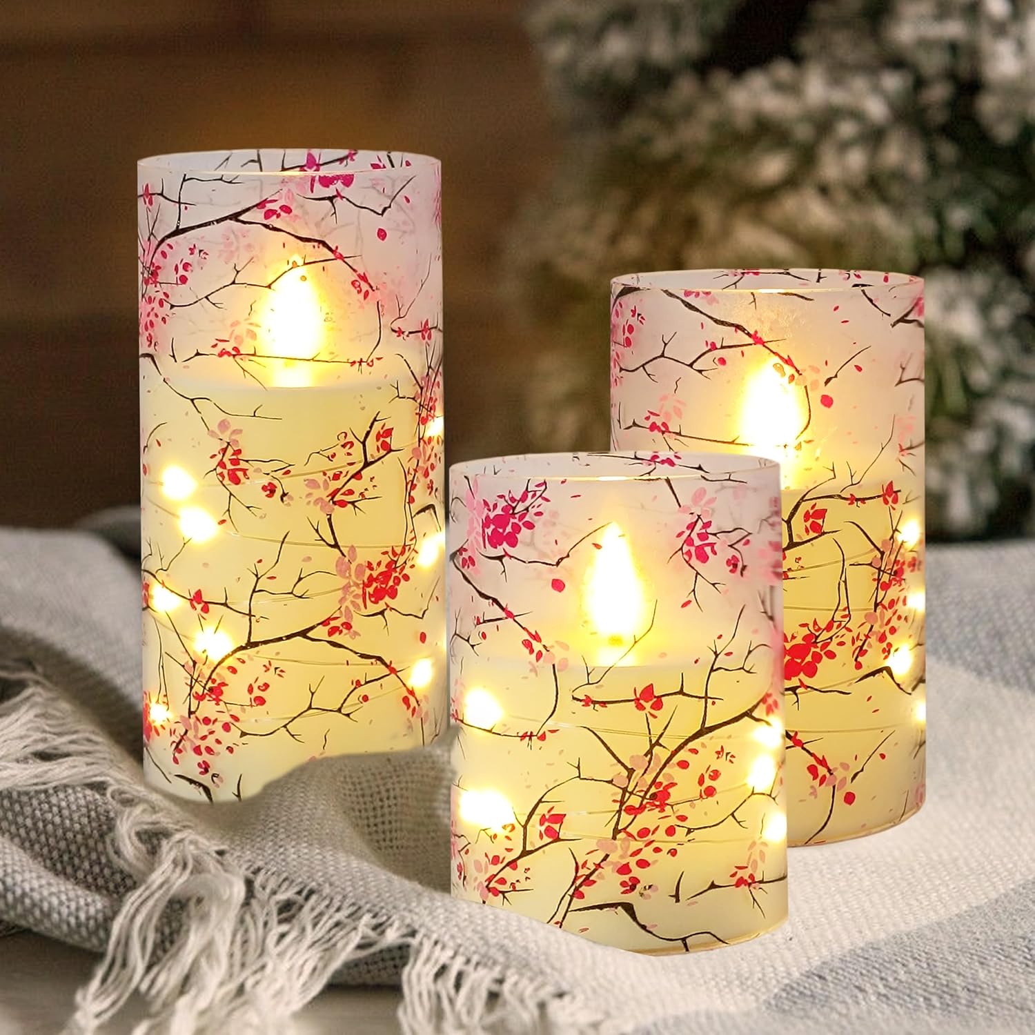 Printed Flameless Candles with String Lights,Set of 3 Plum Blossom Battery Operated Candle,Flickering LED Pillar Candles with 10-Key Timer Remote for Home Decor Party