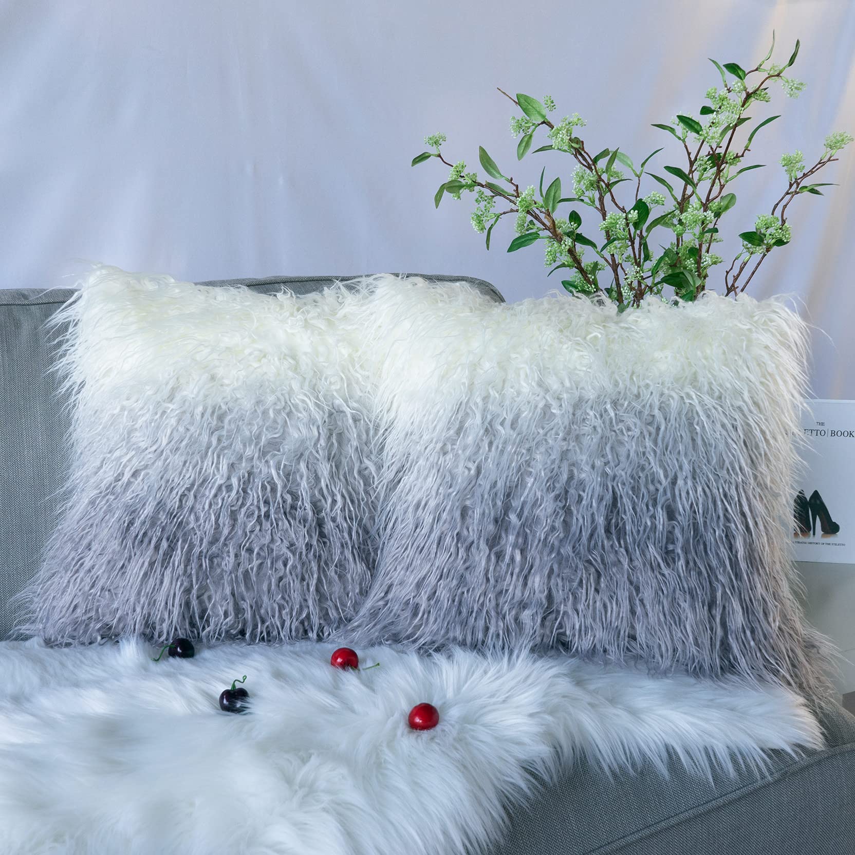Decorative Pillows Covers 18x18 in, Faux Fur Couch Pillows, Fluffy Pillows, Colorful Throw Pillows for Couch, Bed, Living Room, Farm House, Pack of 2 (18x18IN, GradientLightGray)