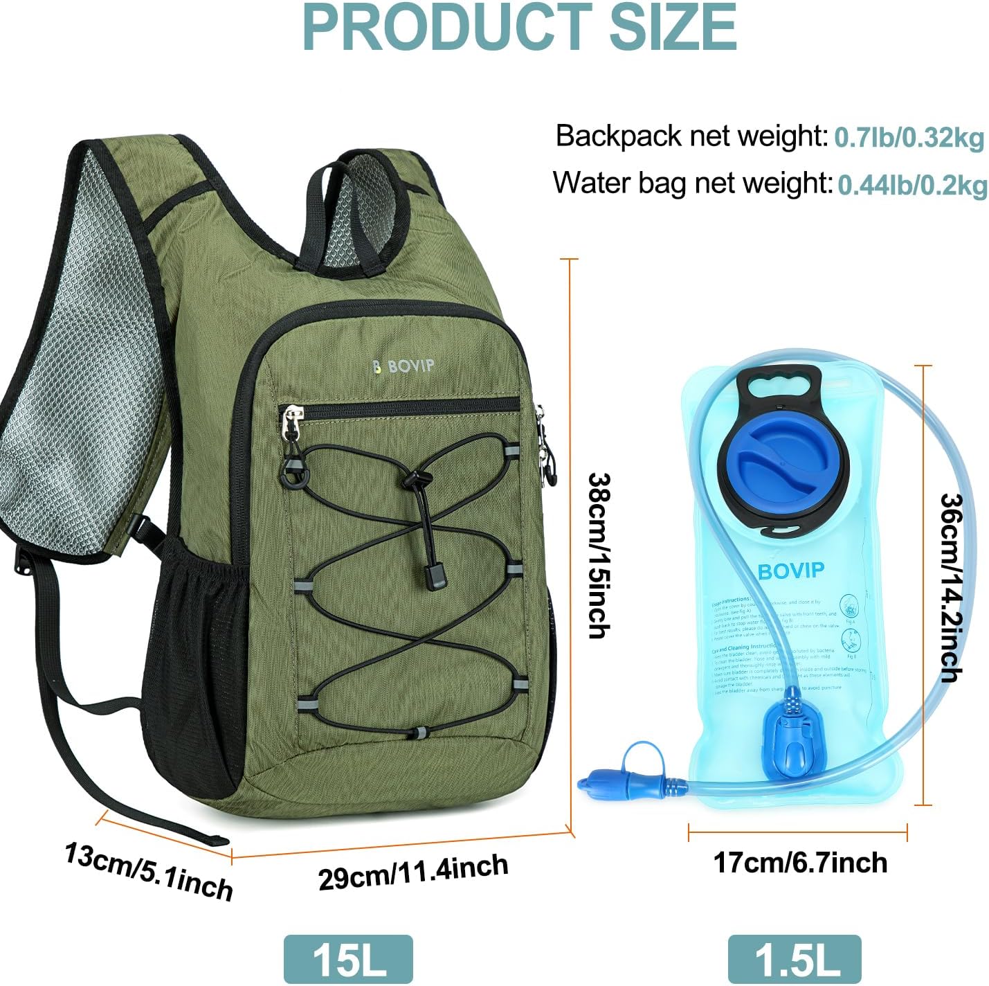 BOVIP Lightweight Hydration Back,15L Multipurpose Hiking Backpack with 1.5L Water Bladder ,Hydro Water Daypack for Cycling Hiking Rave for Men Women - Image 3