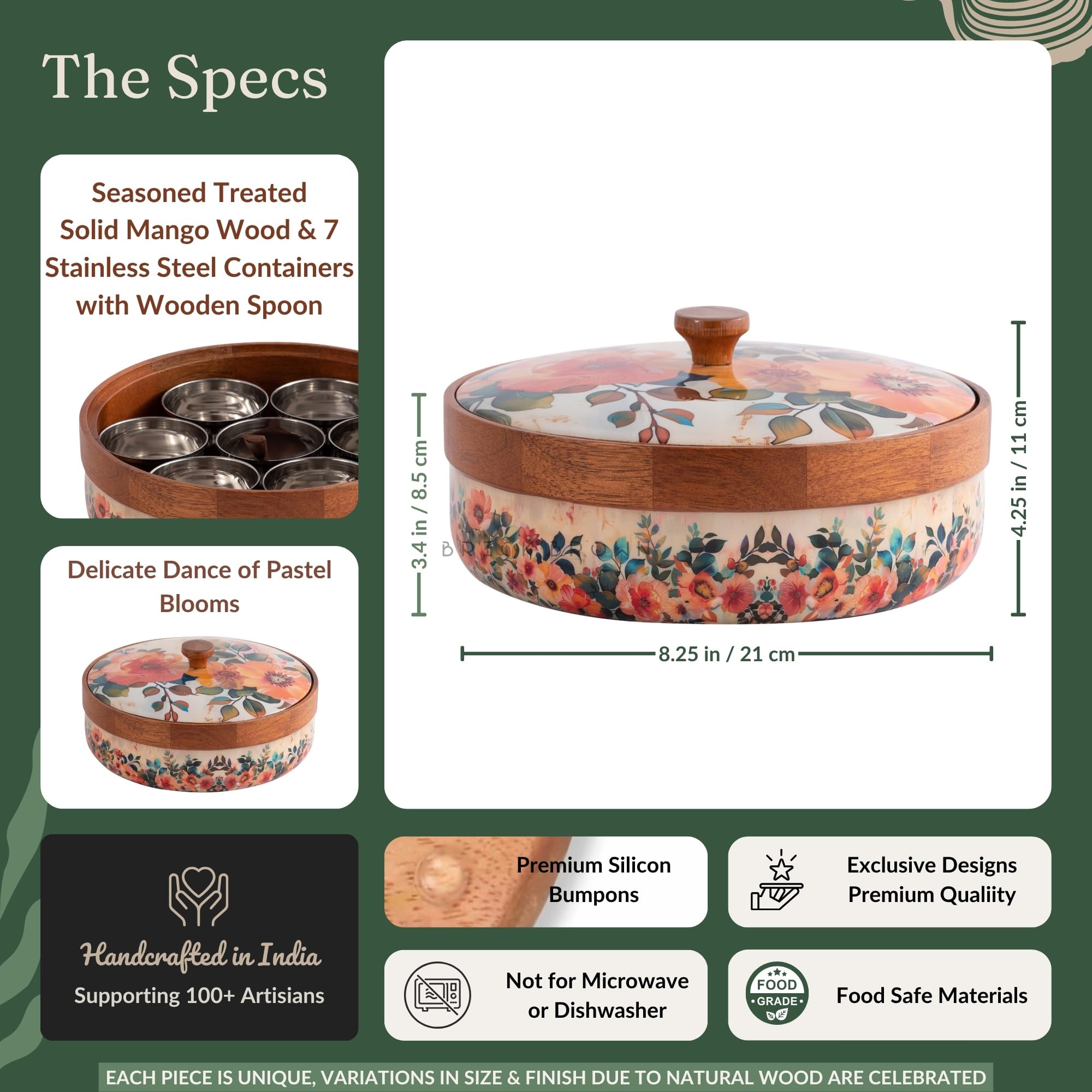 Brick Brown ® Wooden Pastel Flora Enamel Coated Masala Box for Kitchen | Spice Box | Spice Jars | Spice Rack & Masala Dani Organizer Storage Box with 7 Containers and 1 wooden spoon (8.3x4.2 inch) 3