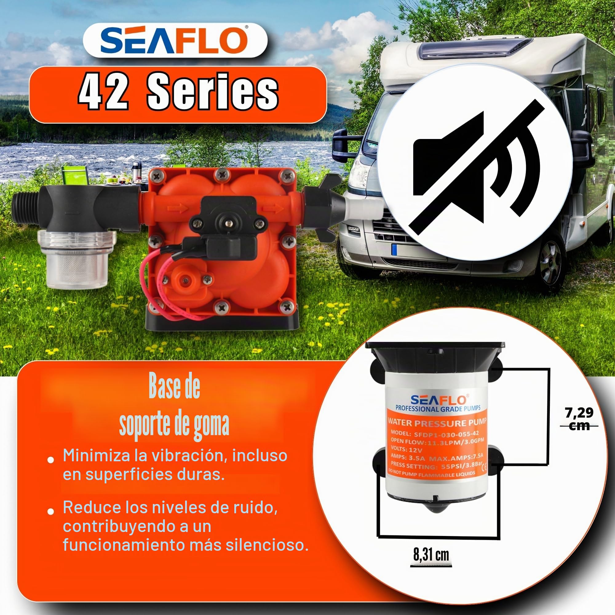 Seaflo Bomba de diafragma Serie 42 con bypass-12V/24V 3.0GPM 55PSI (12 Voltios)