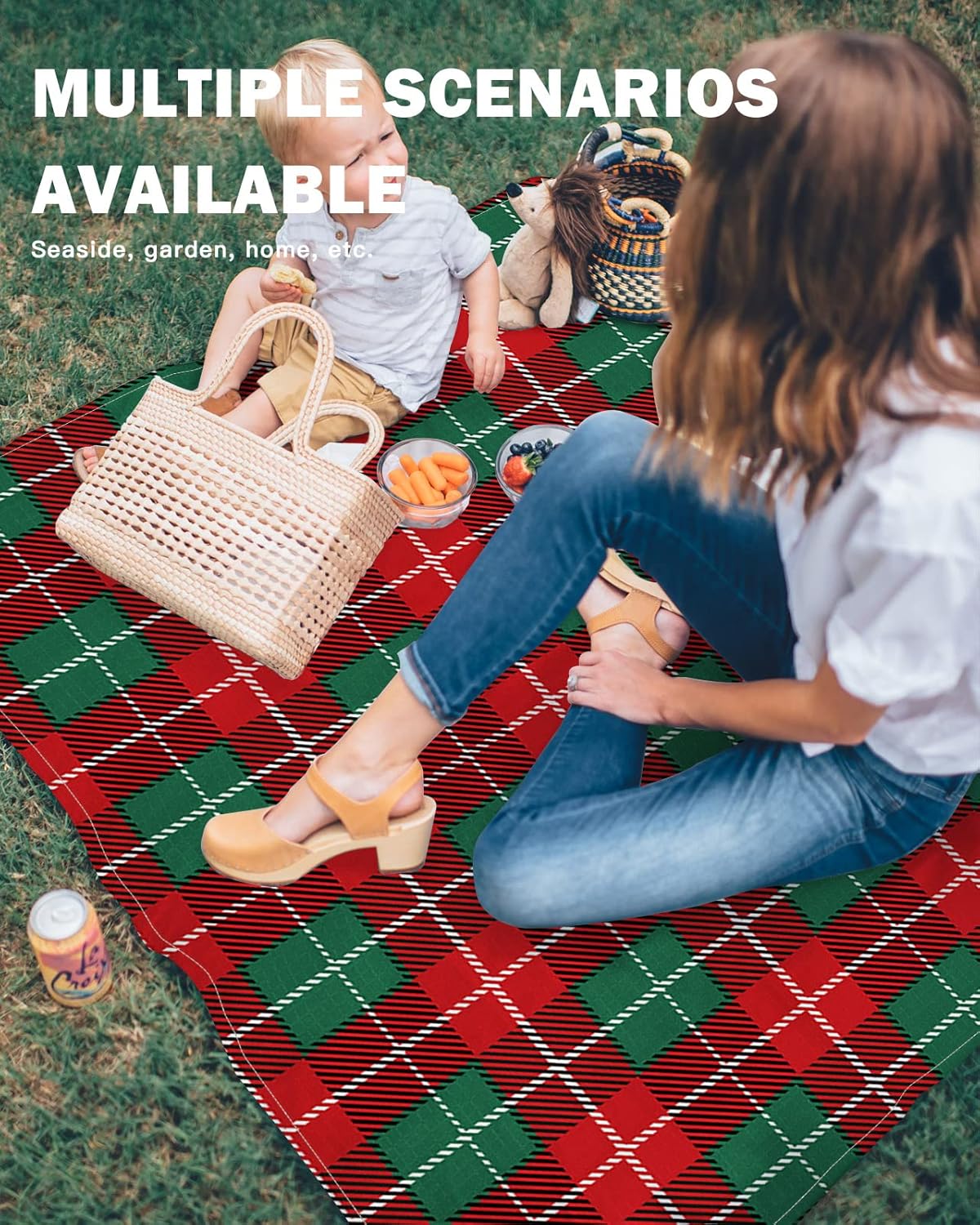 Christmas Vintage Lattice Beach Blanket Waterproof Sandproof Outdoor Picnic Mat 83"x79" Red and Green Lightweight Large Beaach Blankets with 4 Stake & 4 Corner Pockets