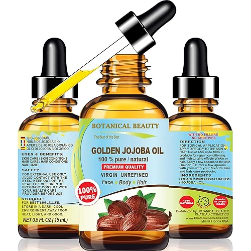 Botanical Beauty ACEITE ORO DE JOJOBA ORO ORO 100% PURO PARA CARA, CABELLO, PIEL, CUERPO. 0.5 Fl.oz.- 0.5 fl oz.