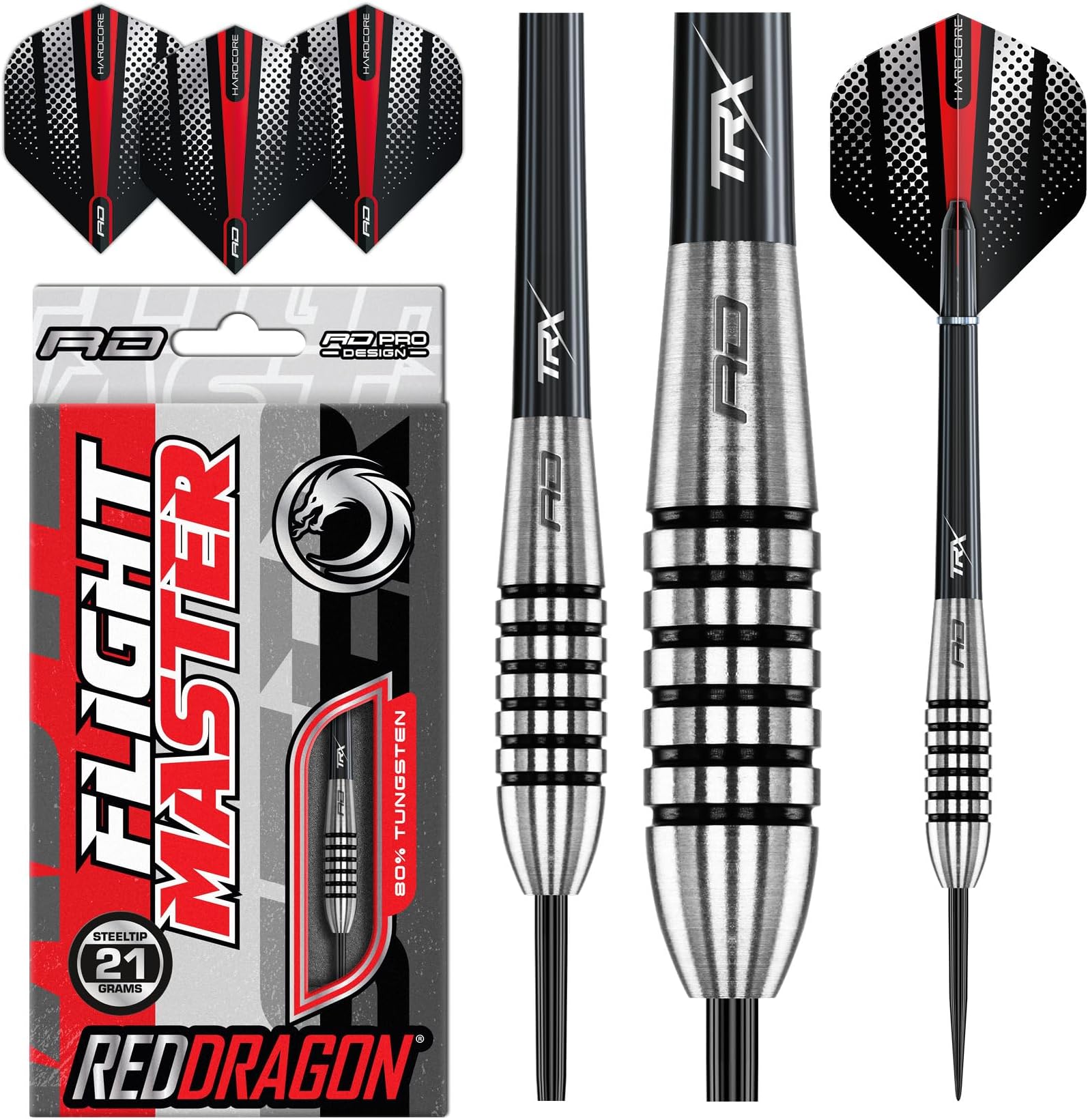 RED DRAGONPrecision Ringed Grip Darts 21g, 23g, 25g, 27g, 28g, 29g - Tungsten Darts Set with Flights and Stems