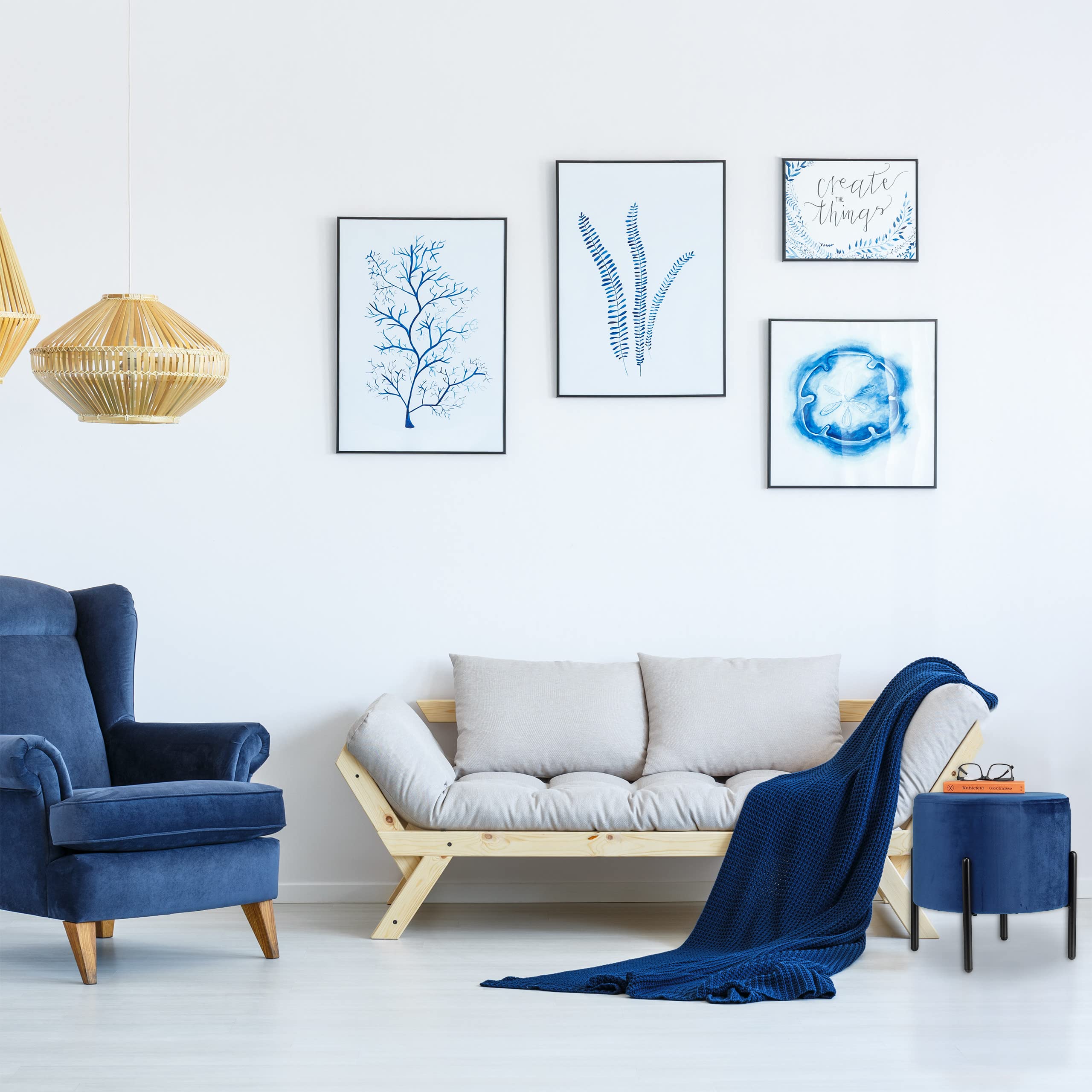 Relaxdays Pouf en Velours, Tabouret Rond, matelassé, Pieds en métal Noir, HxD : 38,5x40,5 cm, siège Tissu, Bleu