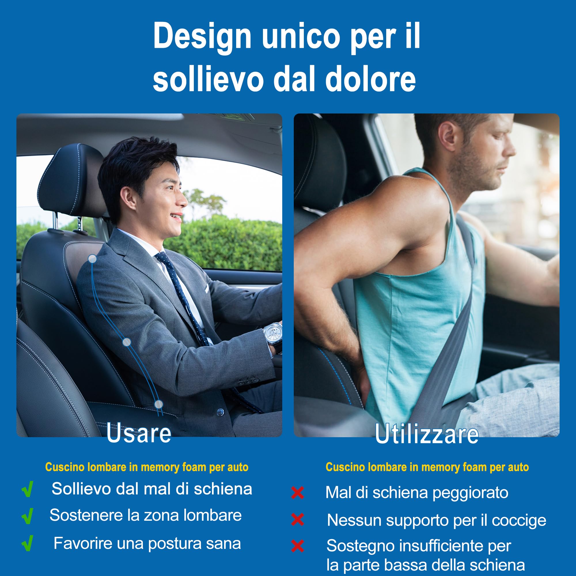 Cuscino Lombare Auto in Memory Foam – Supporto Schiena Ergonomico che Riempie lo Spazio del Sedile, Migliora la Postura e il Comfort di Guida.