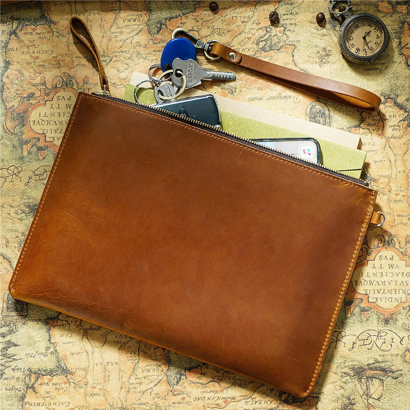 Documents en cuir Pochette de rangement documents vintage en cuir avec fermeture éclair, porte-documents fin for smartphone, voyage, bureau(Brown)