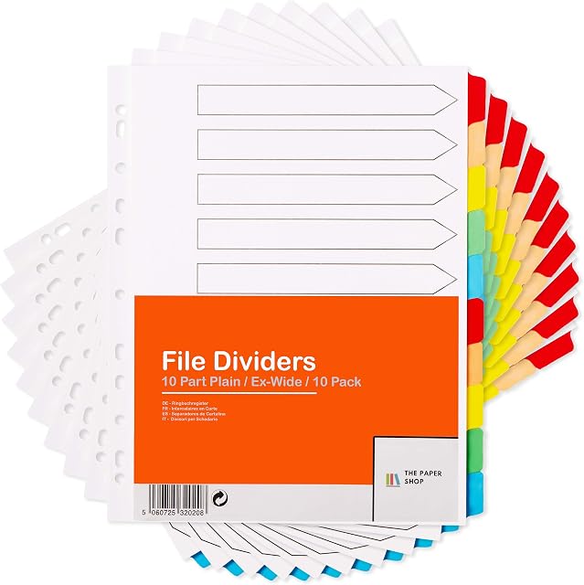 [10 Pack] A4+ File Dividers Extra Wide 10 Part Plain Tabs A4+ Extra Wide Subject Dividers 10 Part Without Numbers Multipunched Reinforced Colour Tabs 150gsm