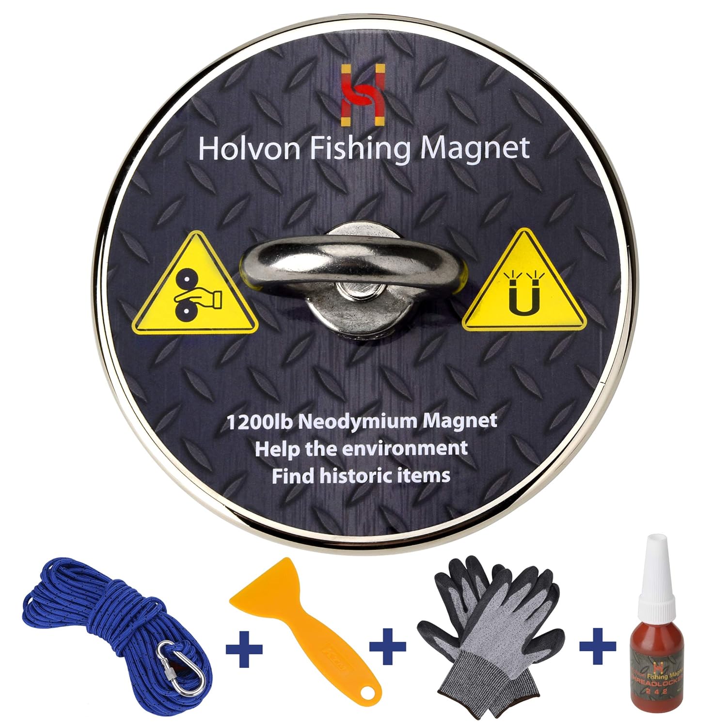 Fishing Magnet kit with Rope Bundle Pack - 1200lb Pulling Force, 65ft Nylon Rope, Heavy Duty Carabiner, Thread Locker, Tear Proof Gloves, Scraper - Magnet Fishing Metal Objects