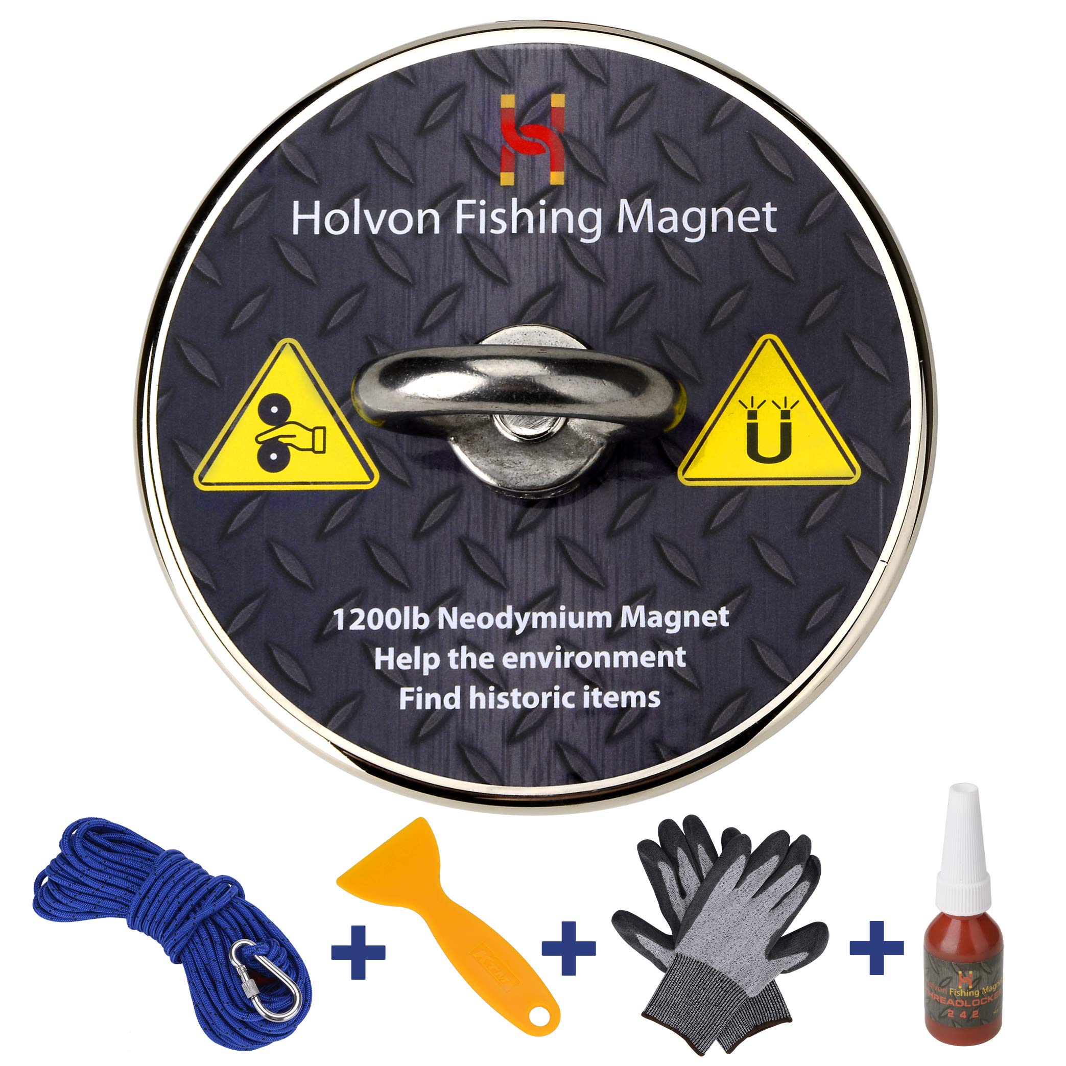 Holvon Fishing Magnet kit with Rope Bundle Pack - 1200lb Pulling Force, 65ft Nylon Rope, Heavy Duty Carabiner, Thread Locker, Tear Proof Gloves, Scraper - Magnet Fishing Metal Objects