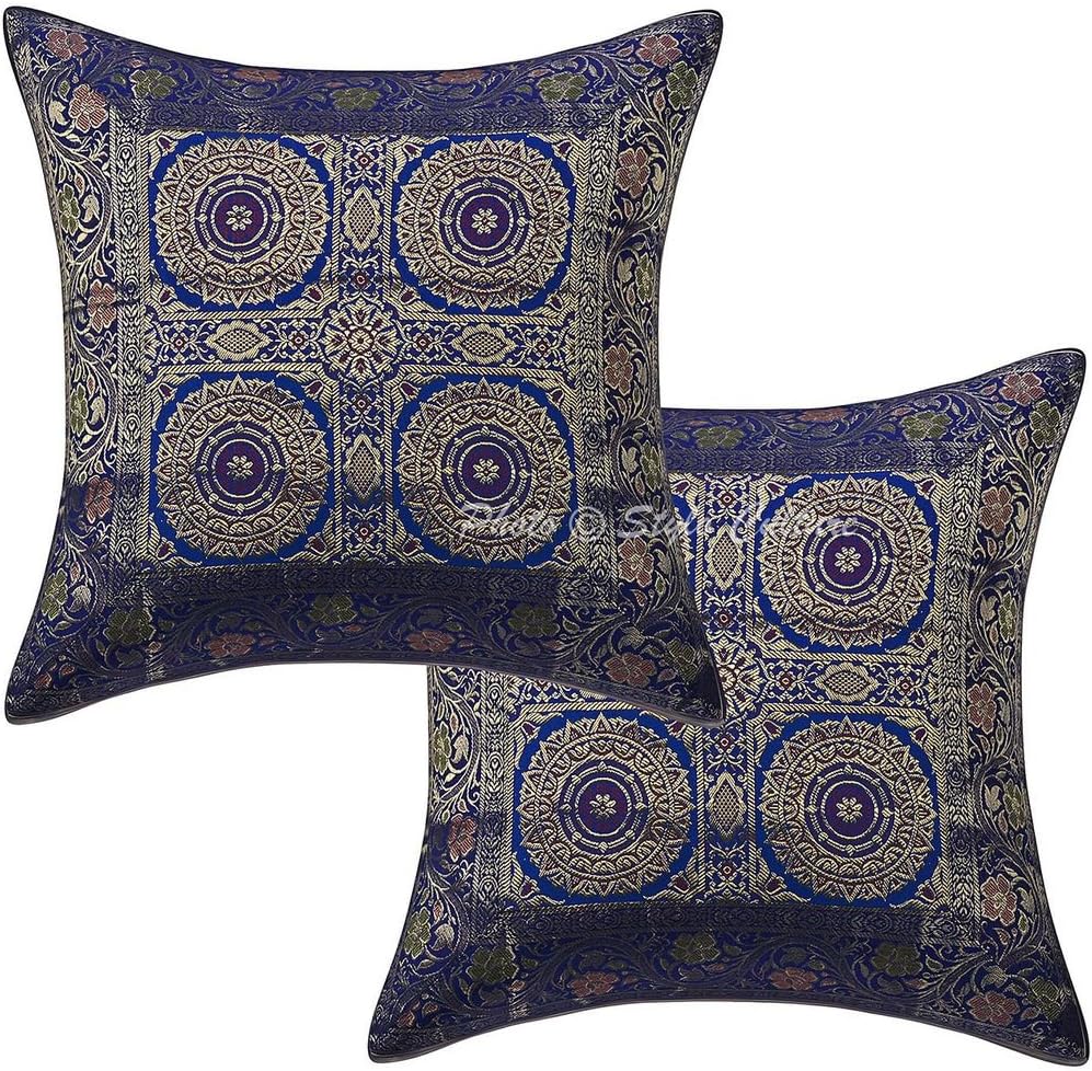 Bohemian Decorative Sofa Settee Accent Throw Pillow Covers 40x40 cm Brocade Living Room Purple Mandala Jacquard Square Luxury Zippered Indian 16x16 Inch Cushion Covers - 5 Pcs