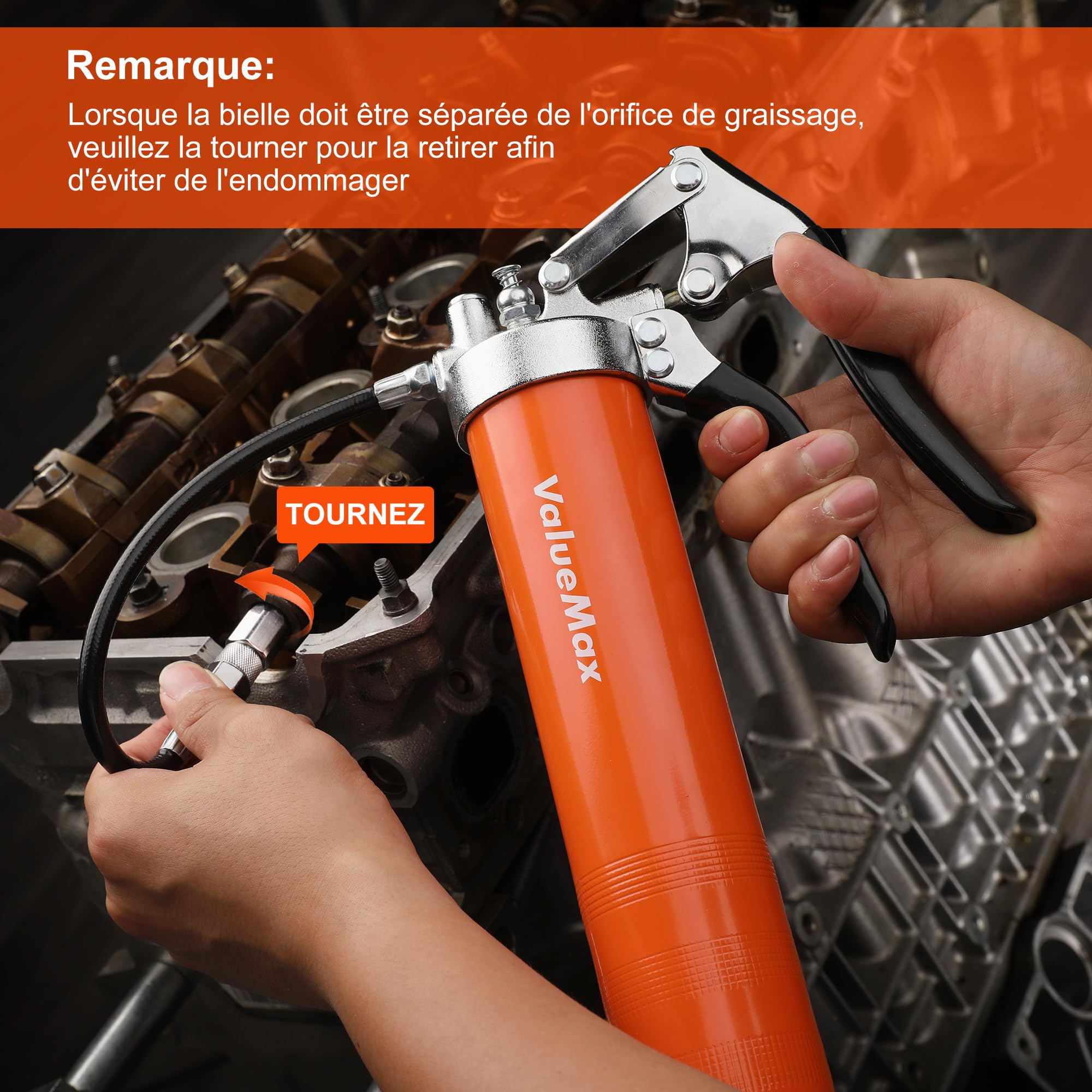 ValueMax Pistolet à Graisse 6000PSI, Pompe à Graisse Manuelle | Pistolet Graisseur pour Cartouche de Graisse 400 ml, Tuyau Flexible 24/45 cm, 2 Tubes Métalliques 11/14,5 cm et 5 Buses