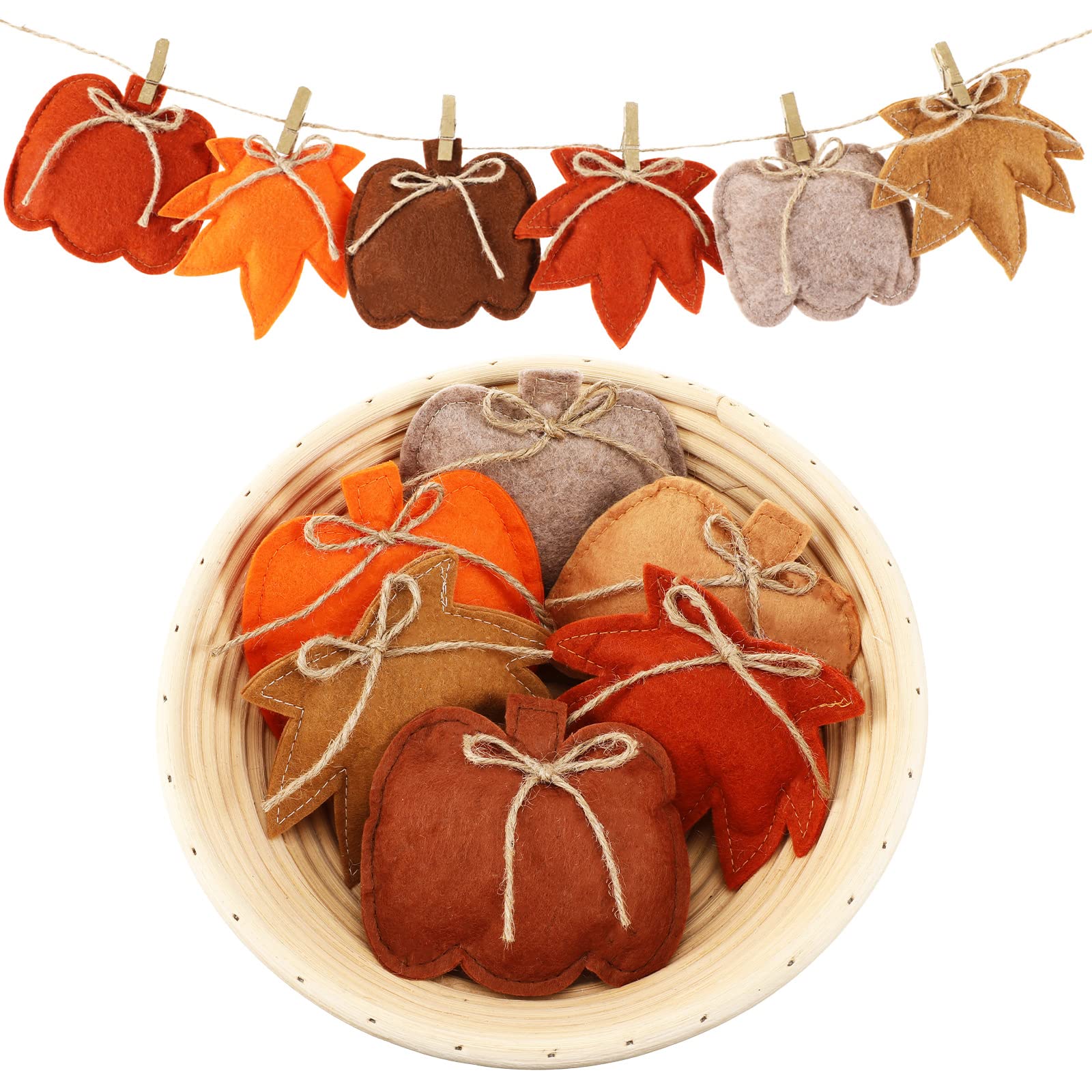 18 Pcs Fall Thanksgiving Ornaments for Tree Pumpkin Maple Leaves Hanging Decorations Autumn Decor Buffalo Plaid Polka Dot Thanksgiving Farmhouse Fabric Ornaments for Harvest Home Decor (Simple Style)