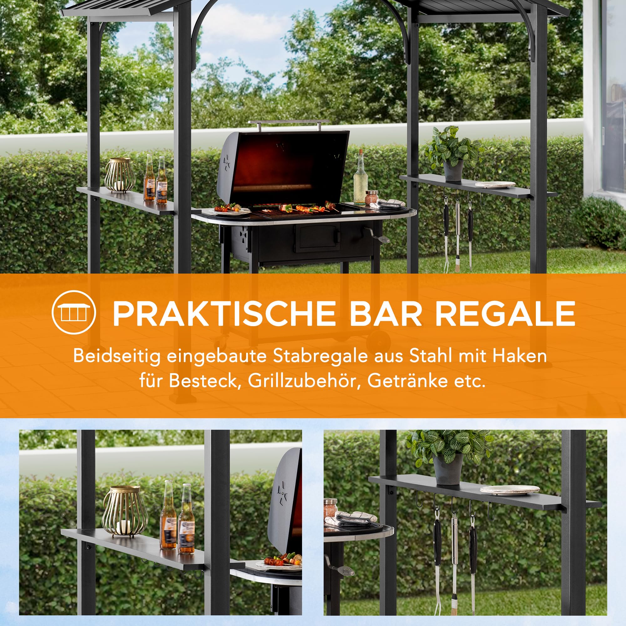 SUNJOY 2,4 × 1,5 m BBQ-Pavillon mit 2 Ablagen & 10 Haken, doppelluftdurchlässigem Dach, Stahlrahmen, wasserdichtem Hardtop-Grillunterstand, UV- & windbeständig, Outdoor-Kochen für Garten, Terrasse