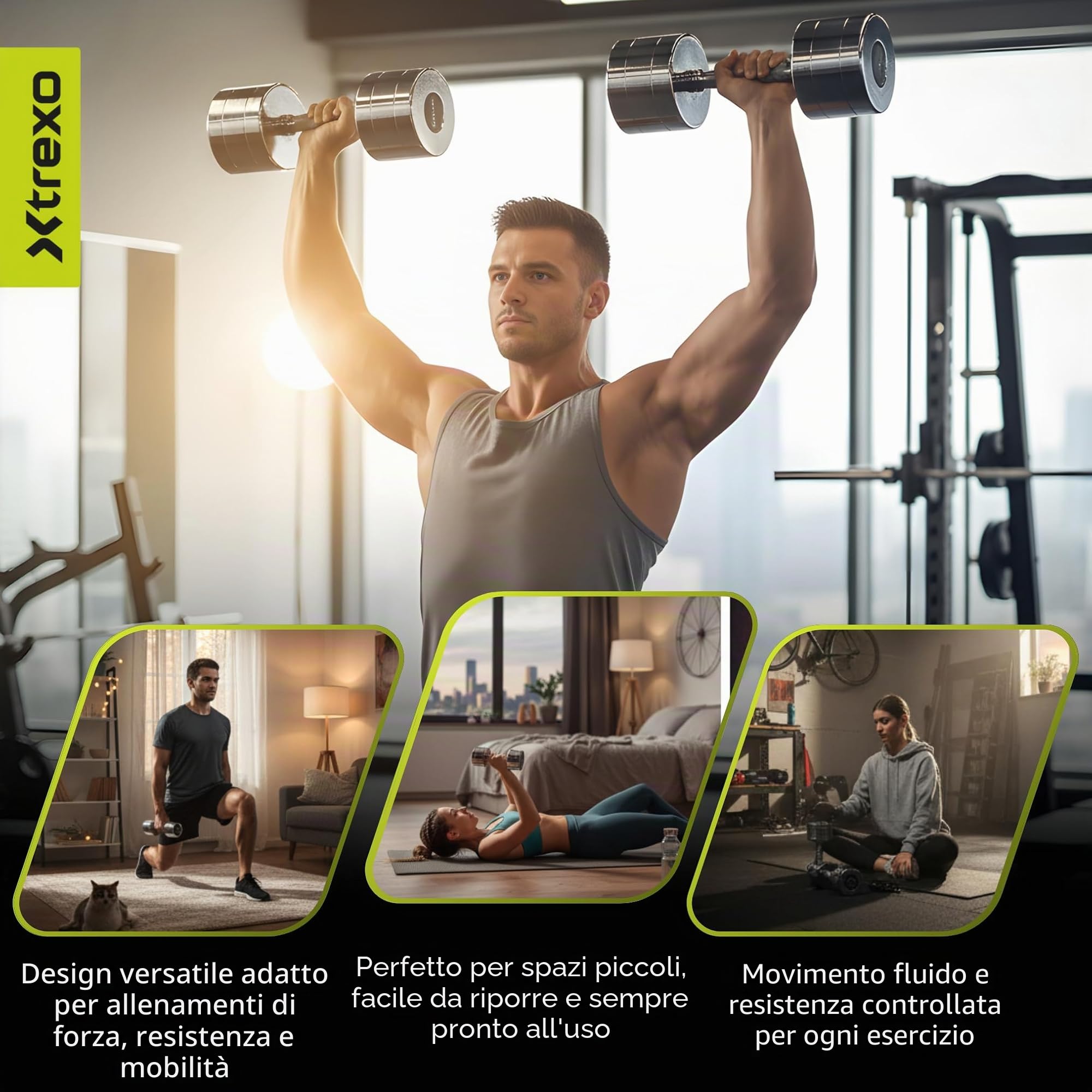 TREXO Set di manubri cromati da 2 x 7 kg, set di manubri in acciaio con manico antiscivolo, ideali per l'allenamento di forza, resistenza e funzionalità, perfetti per casa e palestra