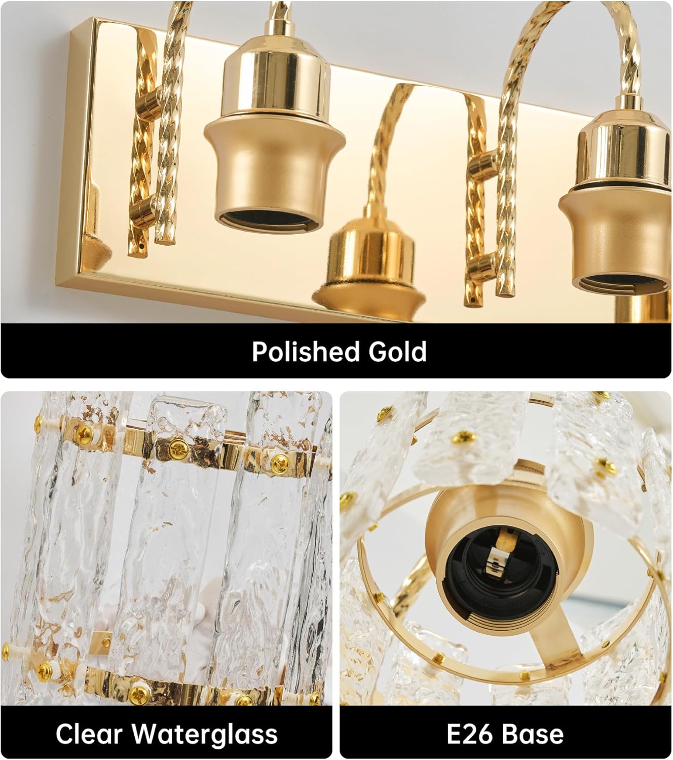 Gold Vanity Lights 3 Lights with Water Ripple Glass Shade Modern Bathroom Sconce Above Mirror 20in Hallway Lamp for Bathroom Living Room Bedroom