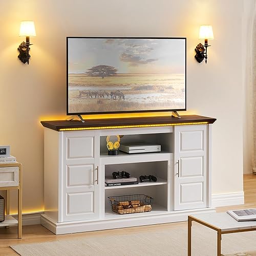 IDEALHOUSE Moderno soporte de TV para TV de 65 pulgadas, centro de entretenimiento con luz LED y estante ajustable, mueble de gabinete de consola