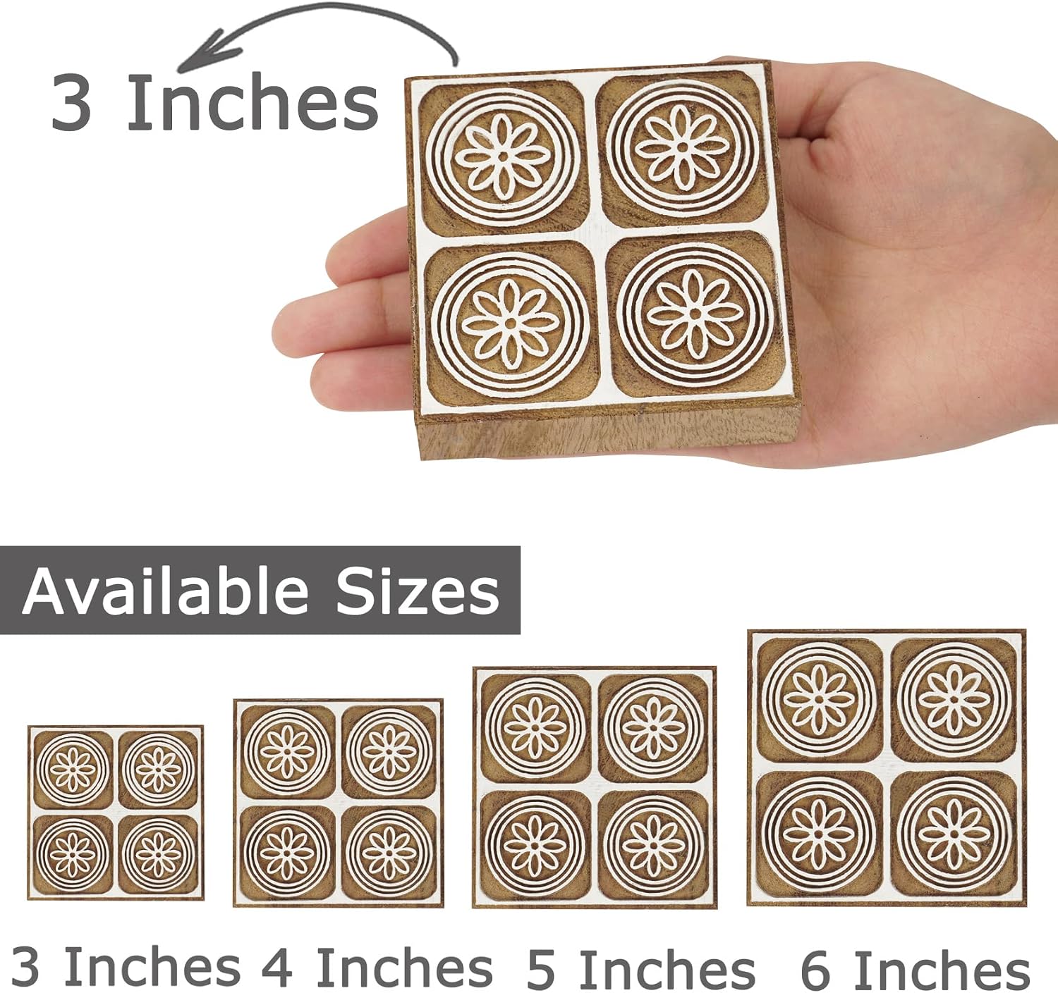 Textile Printing Block Asian Tile Motif Hand Carved Wooden Stamp Wood Block Printing Textile Stamps for Fabric/Pottery Blocks,6 Inch
