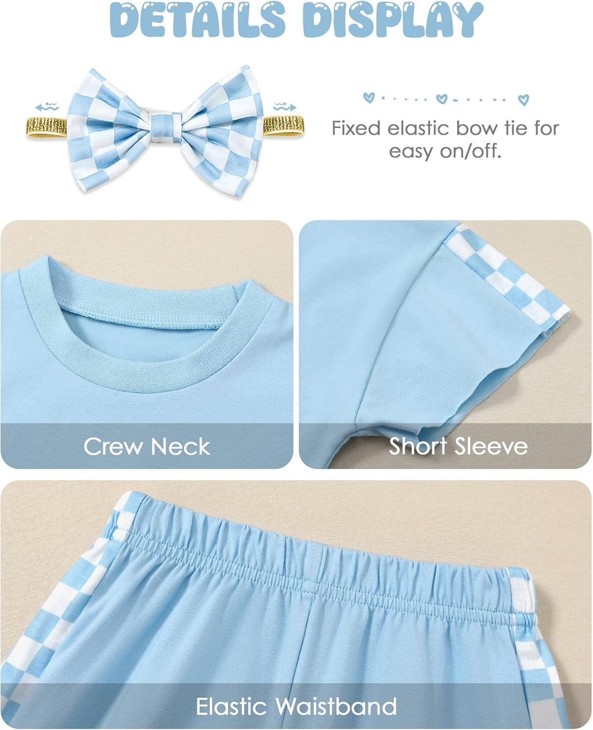 SANMIO Toddler Girl Clothes Summer 3 Piece Outfits Cute Short Sleeves Checkered Tops Shorts and Headband Girls Clothing Set - Image 4