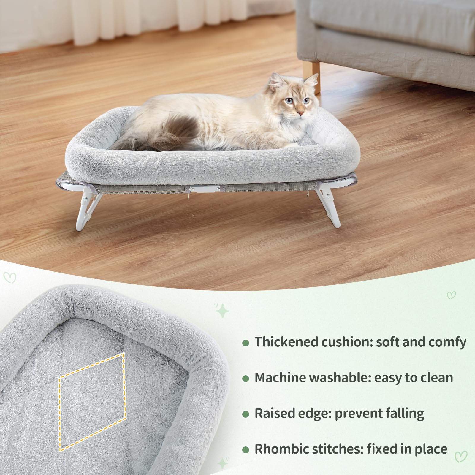 PawHut Hondenbed, hondensofa met kussen, kattenbed, verhoogd huisdierbed met antislip houten poten, hondensofa, binnen, grijs, 46 x 46 x 33 cm