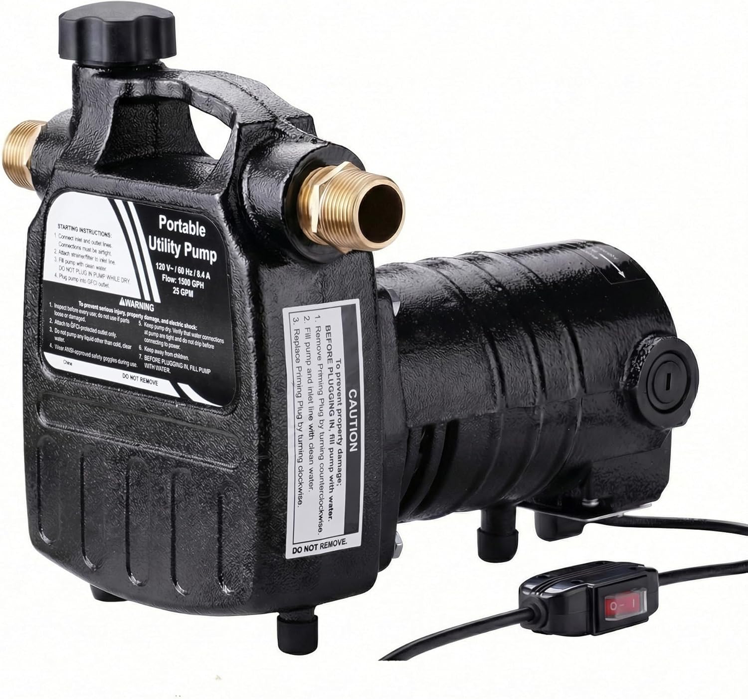 TOPWAY Cast Iron Water Transfer Pump, 115V 1/2HP 1500 GPH Portable High Pressure Electric Utility Water Pump with ON/OFF Switch, for Garden, Rain Barrel, Pool, Pond, Hot Tub, Aquarium Draining