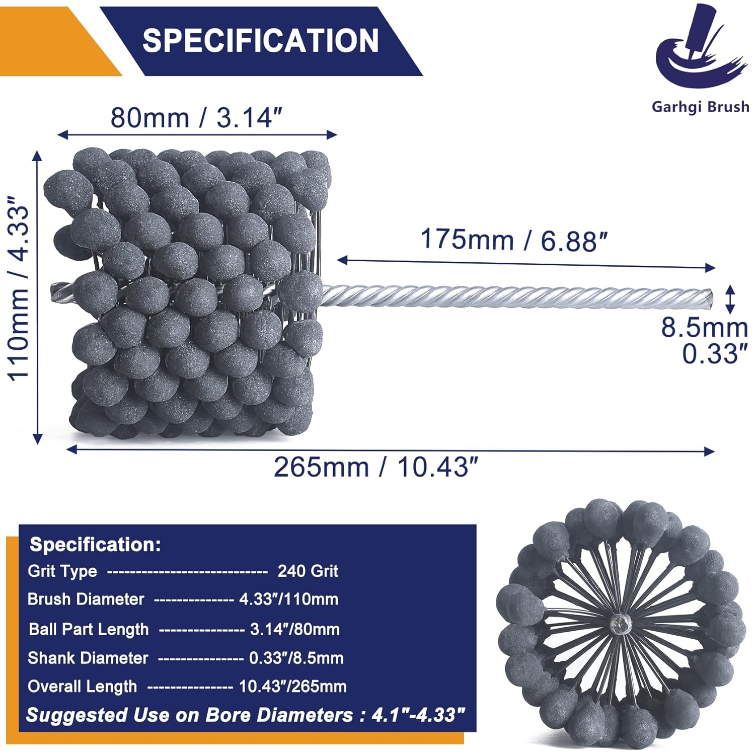 Garhgi 4.33" (110mm) Cylinder Hone Tool with 240 Grit Silicon Carbide Abrasive Nylon Ball Brush, for Carbon Burrs Glaze Residues Removal from Large Engine Brake Cylinders for 4-1/4" to 4.33" Bores
