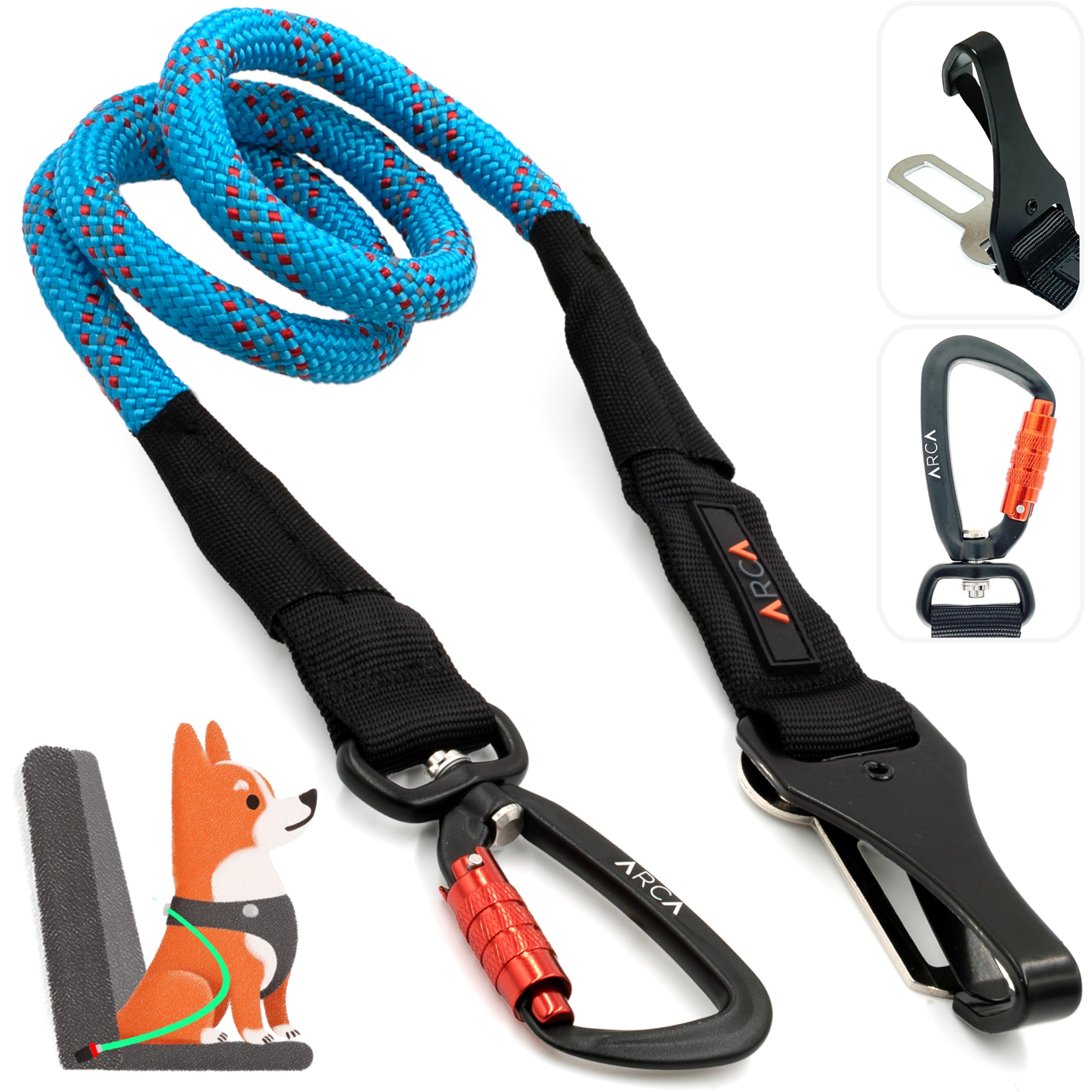 Dog Seat Belt for Car | Universal Pet Car Seatbelt with Reflective Climbing Rope, Aviation Aluminum Carabiner with 360° Swivel & Auto-Lock, Secure Safety Restraint (Trail Blue 360°)