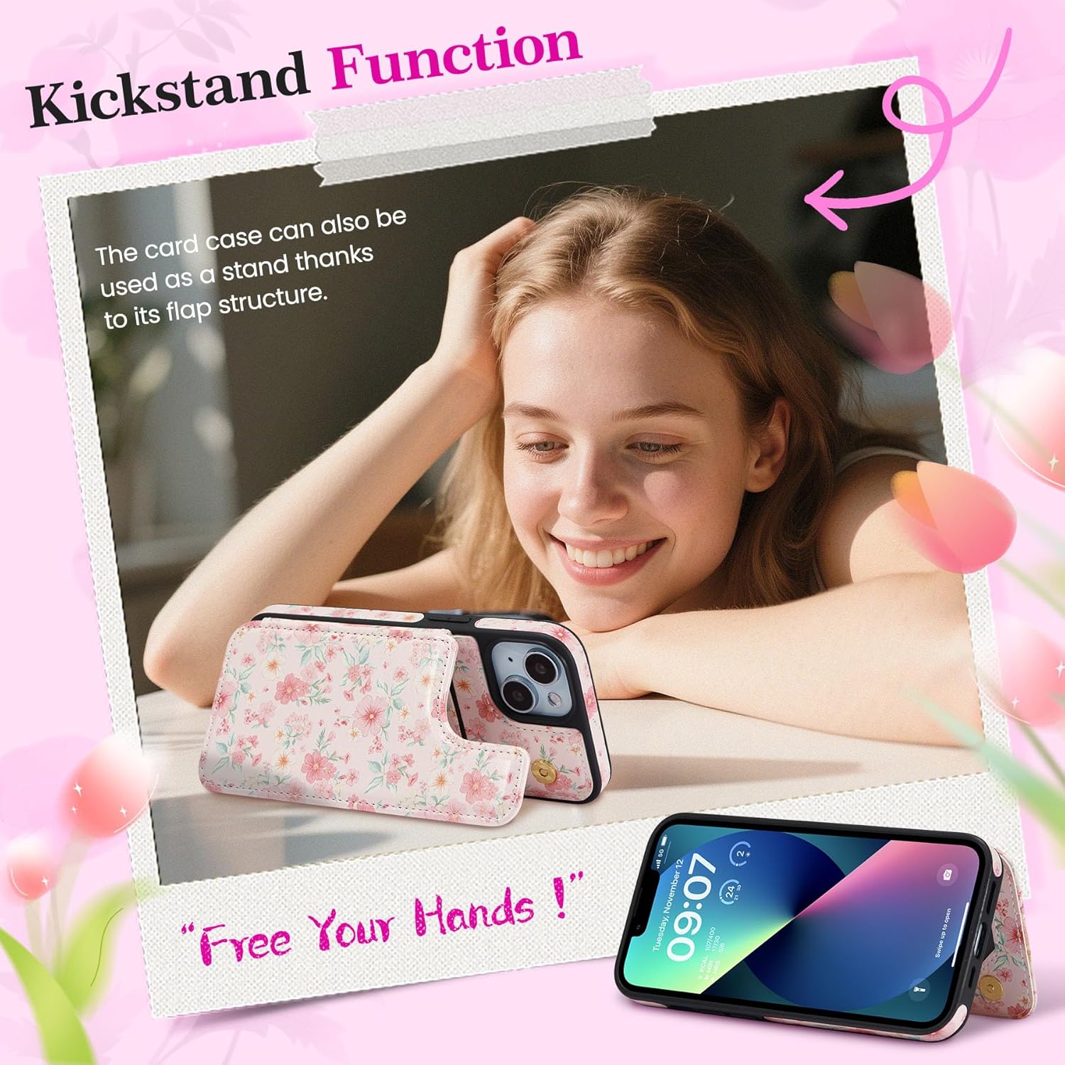 ZCDAYE for iPhone 13/iPhone 14 Wallet Case with Card Holders,PU Leather Double Magnetic Clasp Kickstand Trendy Girly Women Case for iPhone 13/iPhone 14,Pink Flowers - Image 5