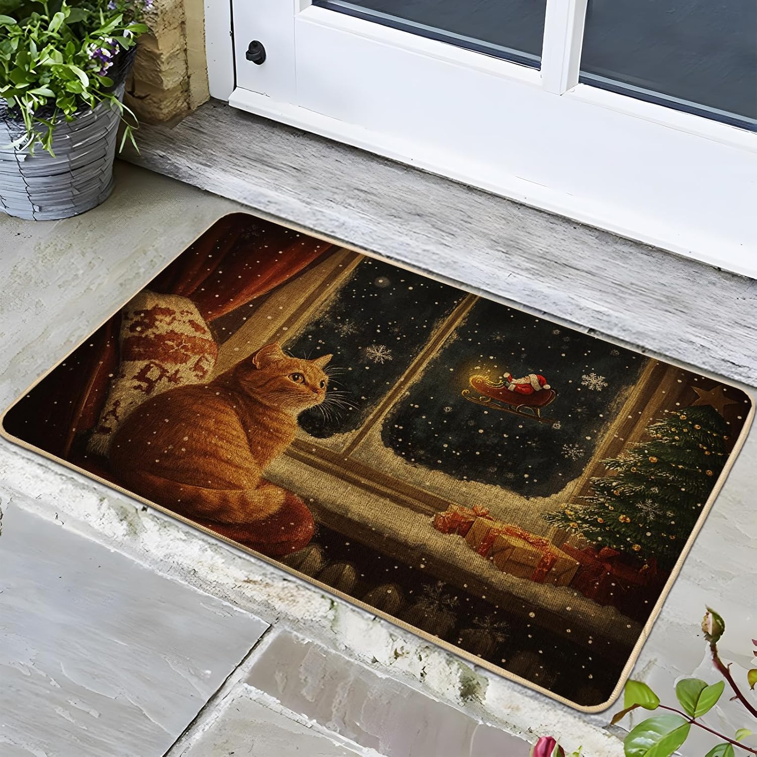 Christmas Cat Doormat, Orange Tabby Door Mat for Indoor & Outdoor Holiday Decor, Rubber Washable Non-Slip for Winter Entrance Mat 29x17 Inch