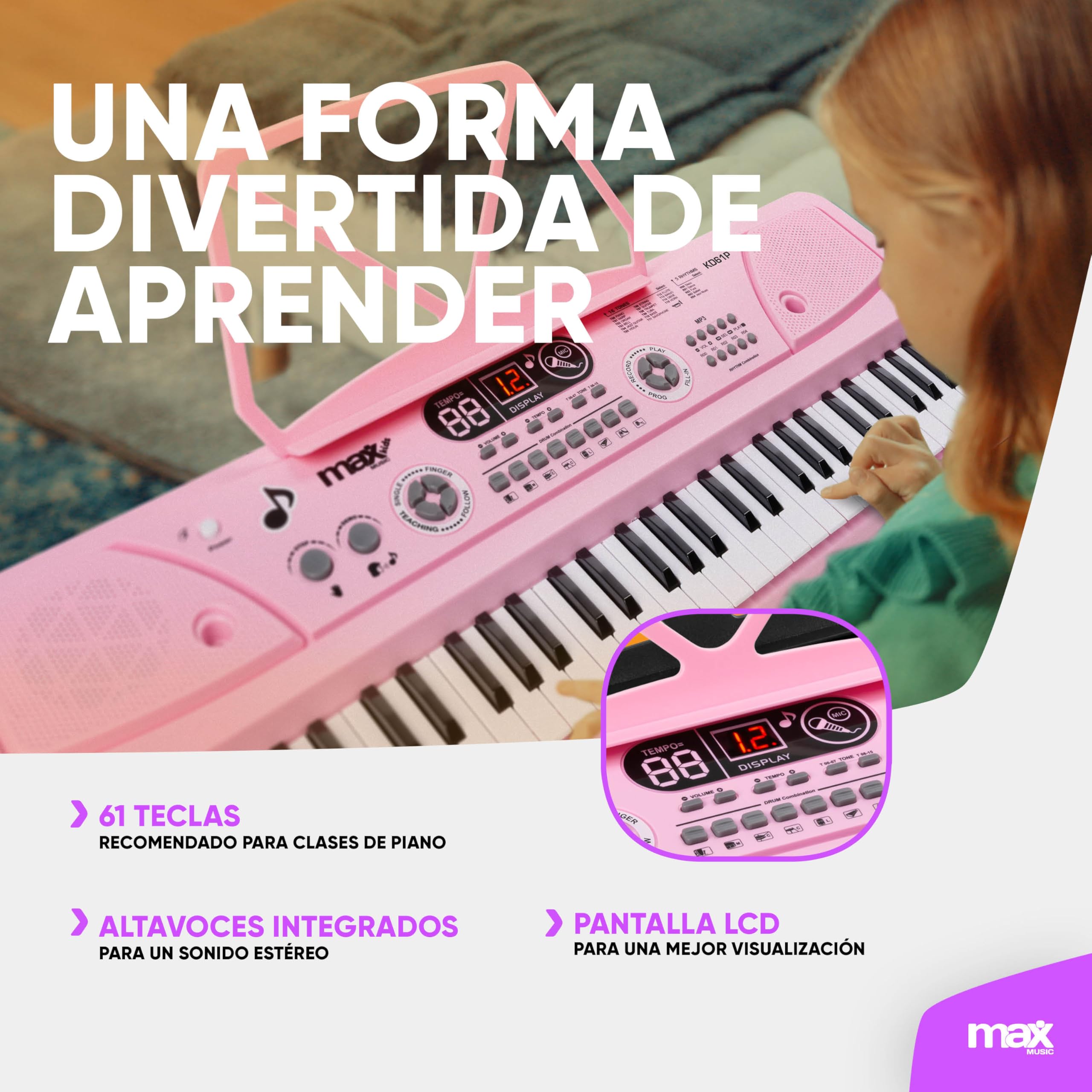 MAX KD61P – Piano infantil digital 61 teclas con soporte ajustable, batería recargable, micrófono, display LED, grabación, ritmos y acordes, ideal teclado musical para niños y principiantes