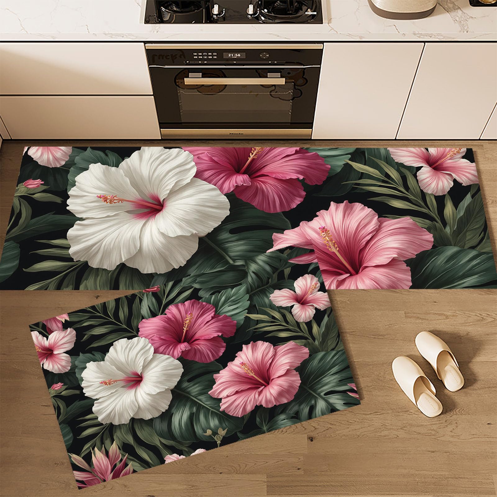 Paillasson lavable et tapis de cuisine pour sol glissant avec motif hibiscus