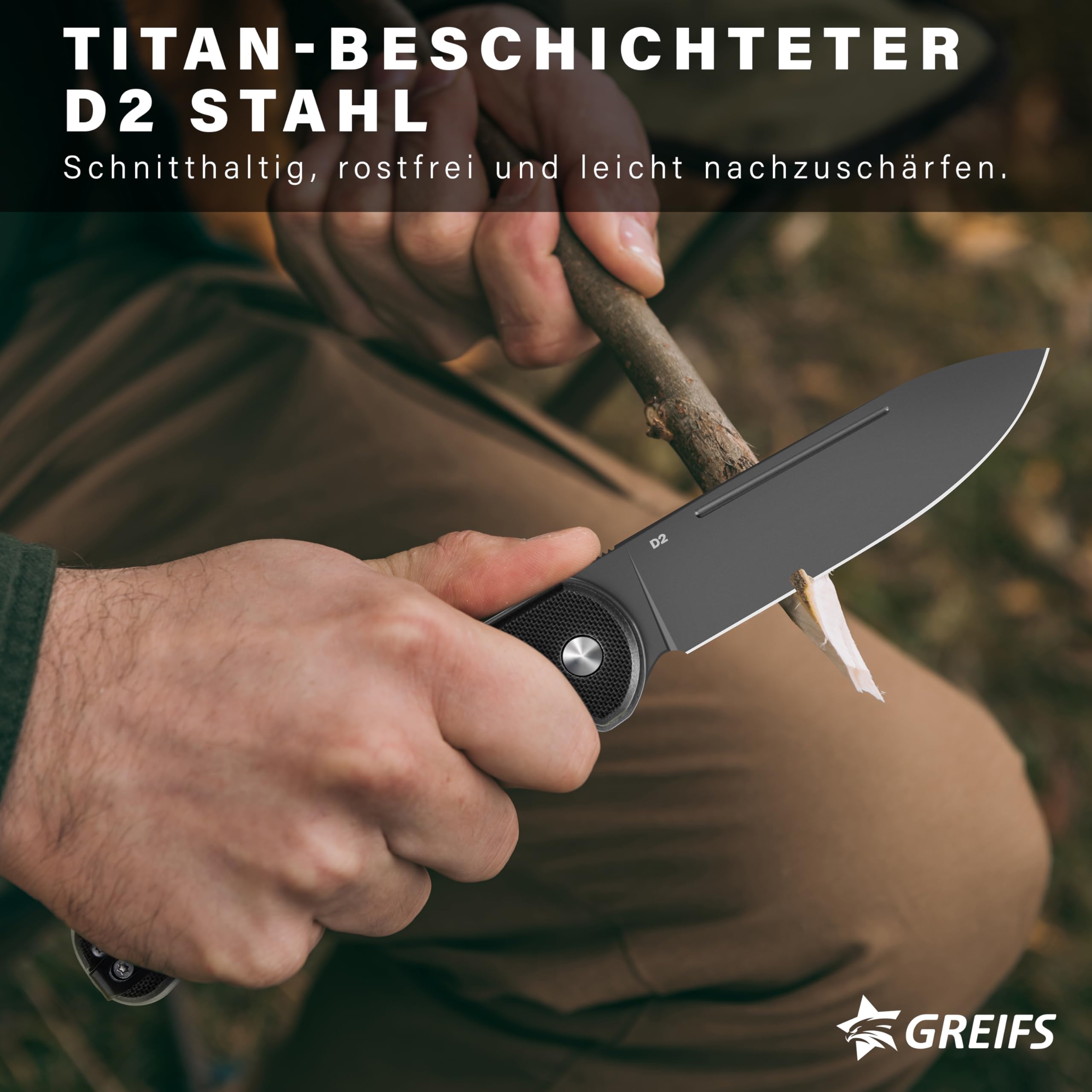 GREIFS® Klappmesser Paxos (Zweihandmesser) aus D2 Stahl mit Buttonlock und Kydexscheide, EDC Messer Outdoor Messer & Survival Taschenmesser, Überlebensmesser, Jagdmesser (TitanBlack)