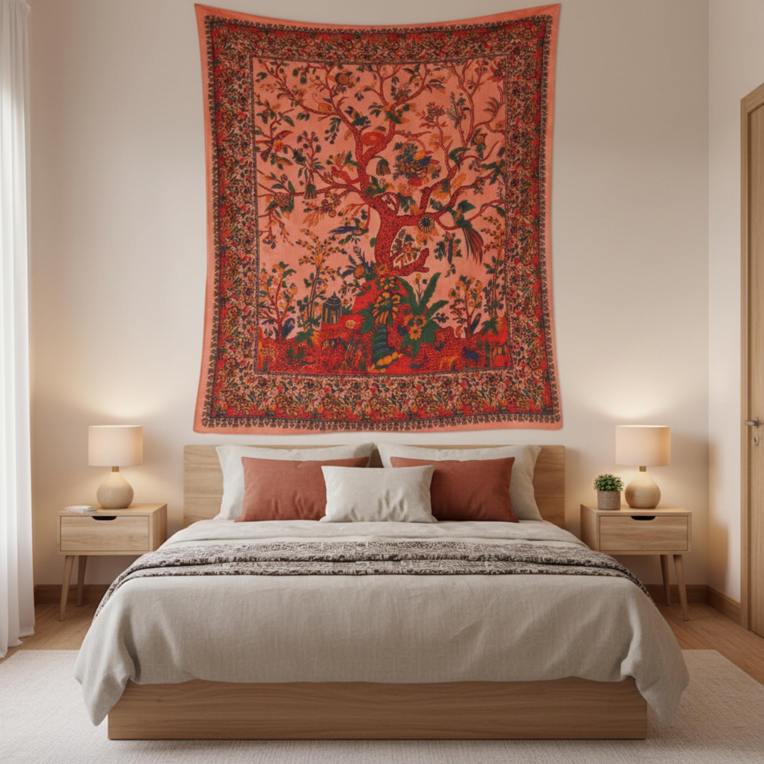 Craft Trade Orange Arbre Tapisserie Indien Tissu Mural Tapestry Tenture Murale Tapisseries Bohème pour Décor Maison Salon et de la Chambre à Coucher- 137 x 213 cm
