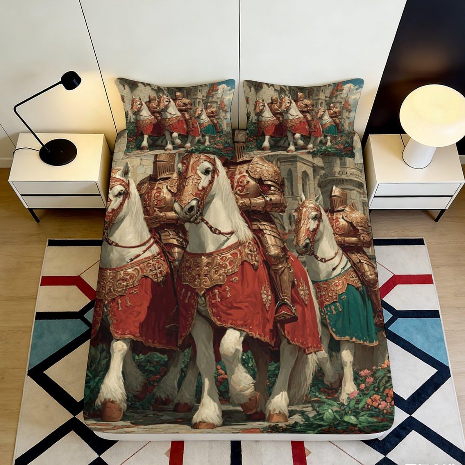 3D Printed Medieval Knight Horse Fitted Sheet Microfiber Soft Bed Cover for Bedroom Dorm Artistic Decor 160x200x25cm