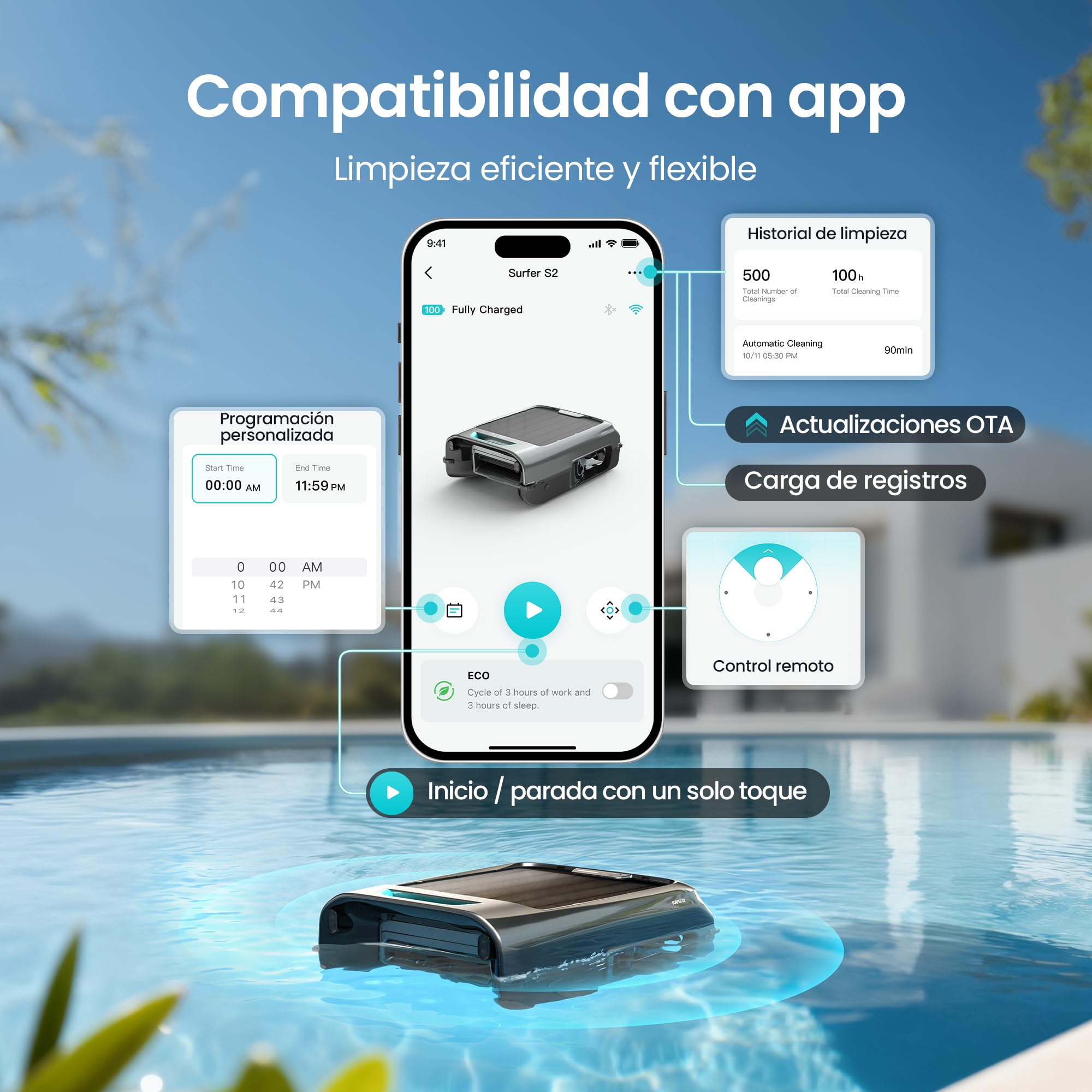 AIPER EcoSurfer S2 Robot Skimmer Superficie Piscina Solar, Robot Piscina Inalámbrico con App, Limpieza de Superficie 24/7, Carga Solar y DC, Detección de Obstáculos, Filtro 150 µm, Actualizaciones OTA